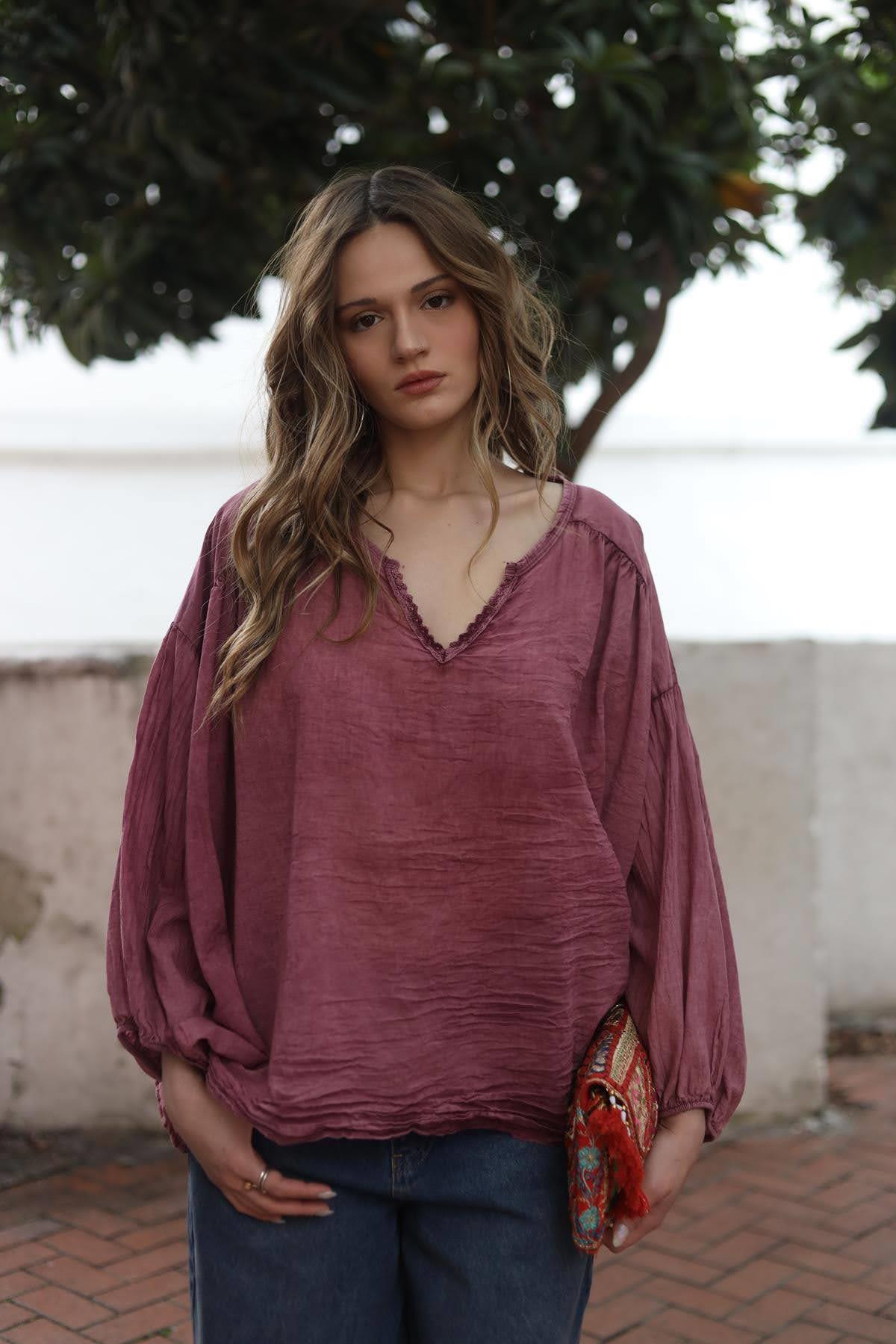 Gül Kurusu Yakası Dantelli Balon Kol Bluz