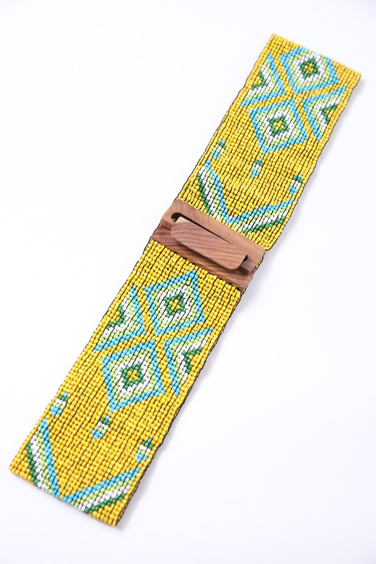 Mustard Color Wooden Buckle Detailed Beaded Elastic Belt
