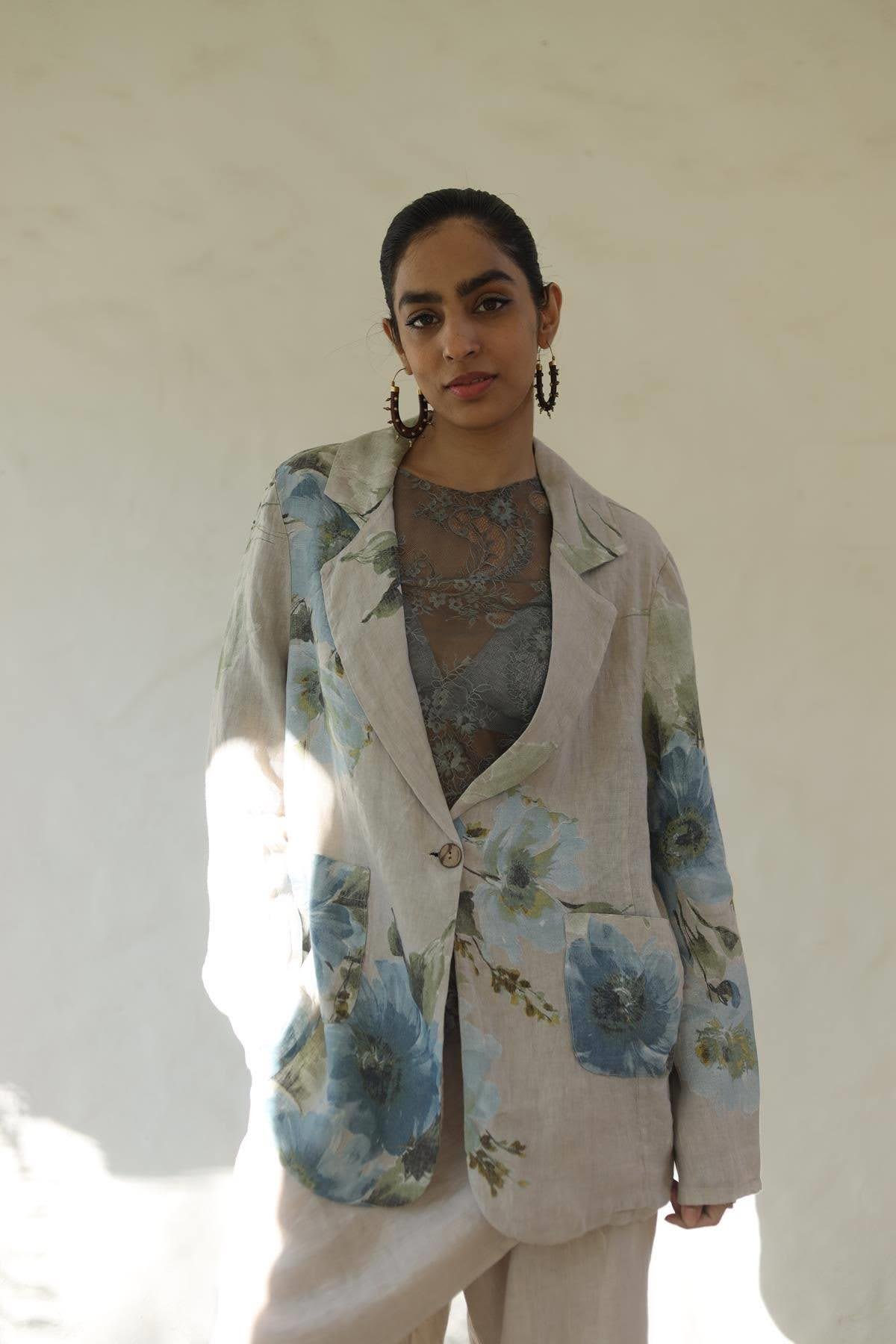 Krem Rengi Desenli Tek Düğmeli Keten Ceket