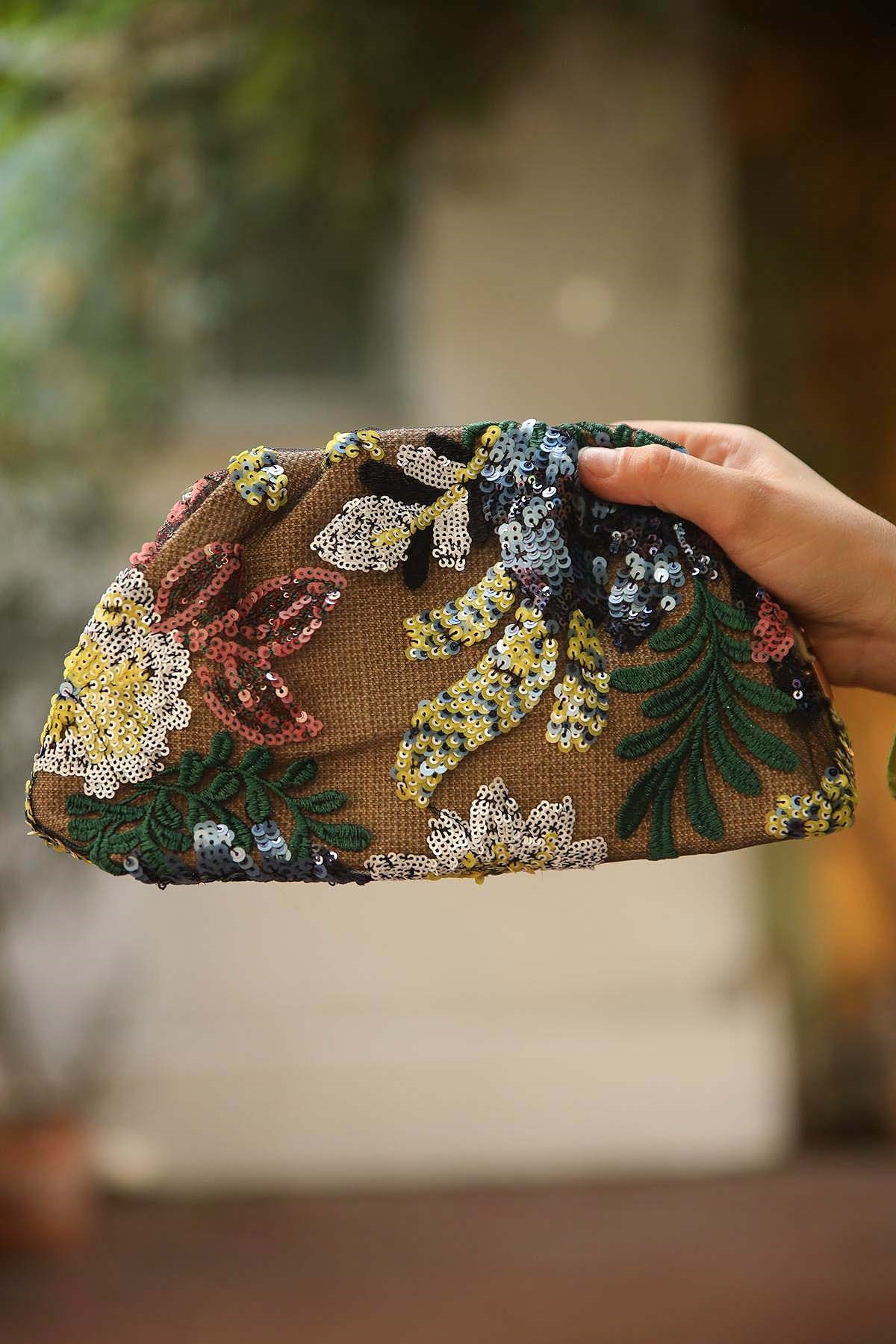Vizon Rengi Payetli İşlemeli Clutch Çanta