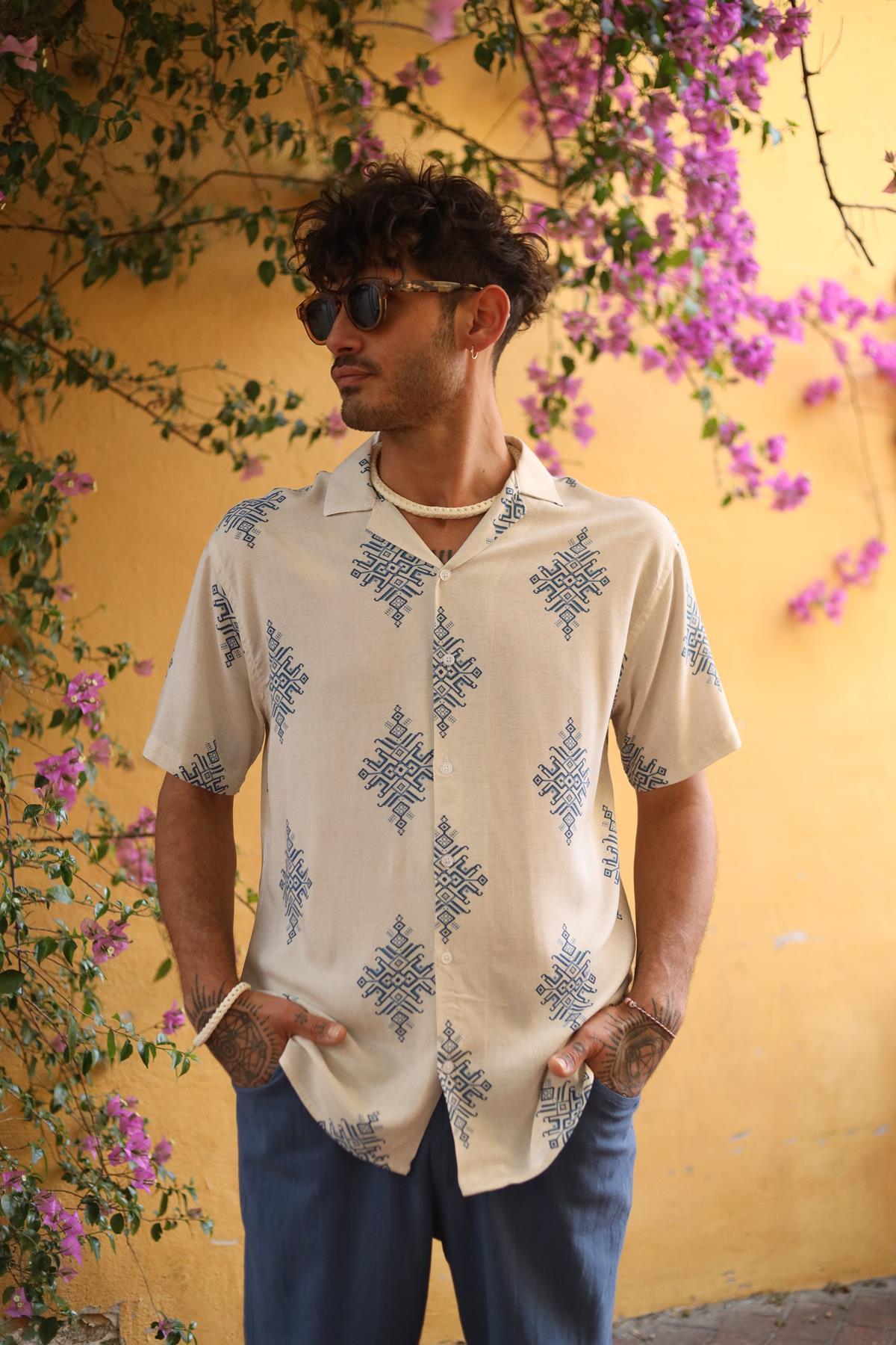 Stone Color Patterned Short Sleeve Men's Shirt