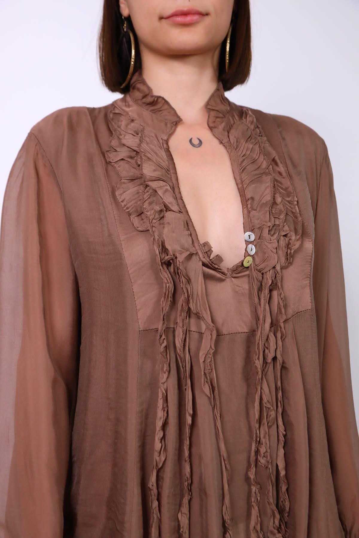 Brown Silk Ruffle Blouse - Saman Butik | Shop Online
