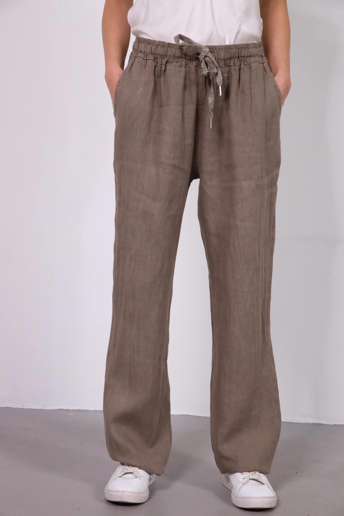 Vizon Rengi Boru Paça Keten Pantolon - Şaman Butik Vizon Rengi Boru Paça Keten Pantolon