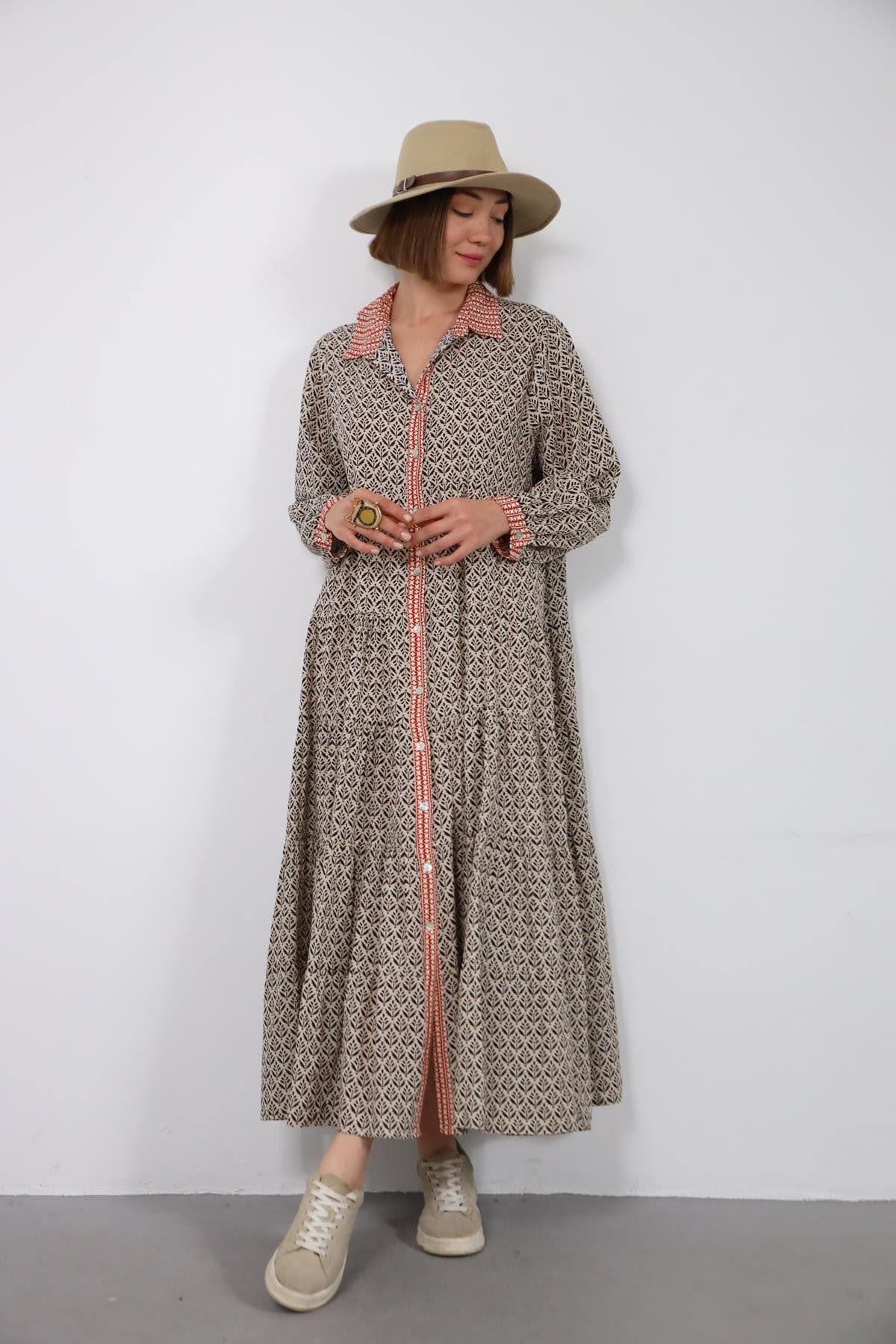 Ekru Desenli Garni Detaylı Gömlek Elbise - Şaman Butik Ekru Desenli Garni Detaylı Gömlek Elbise