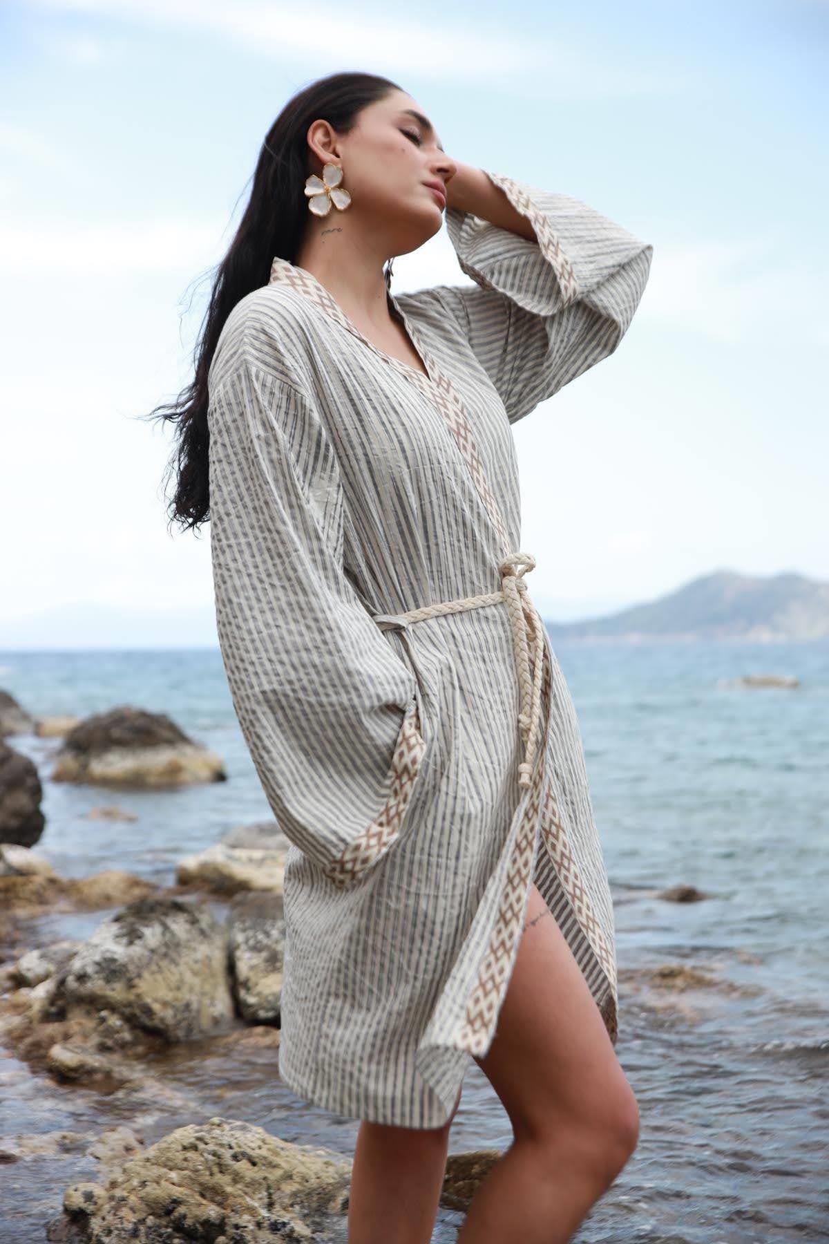 Gray Striped Belt Detailed Kaftan