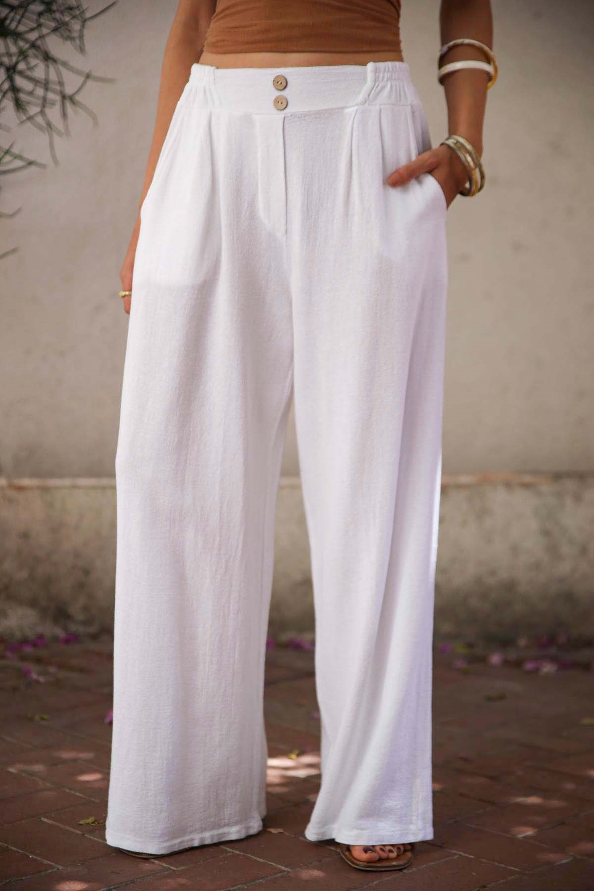 Beyaz Beli Çift Düğmeli Soft Keten Pantolon