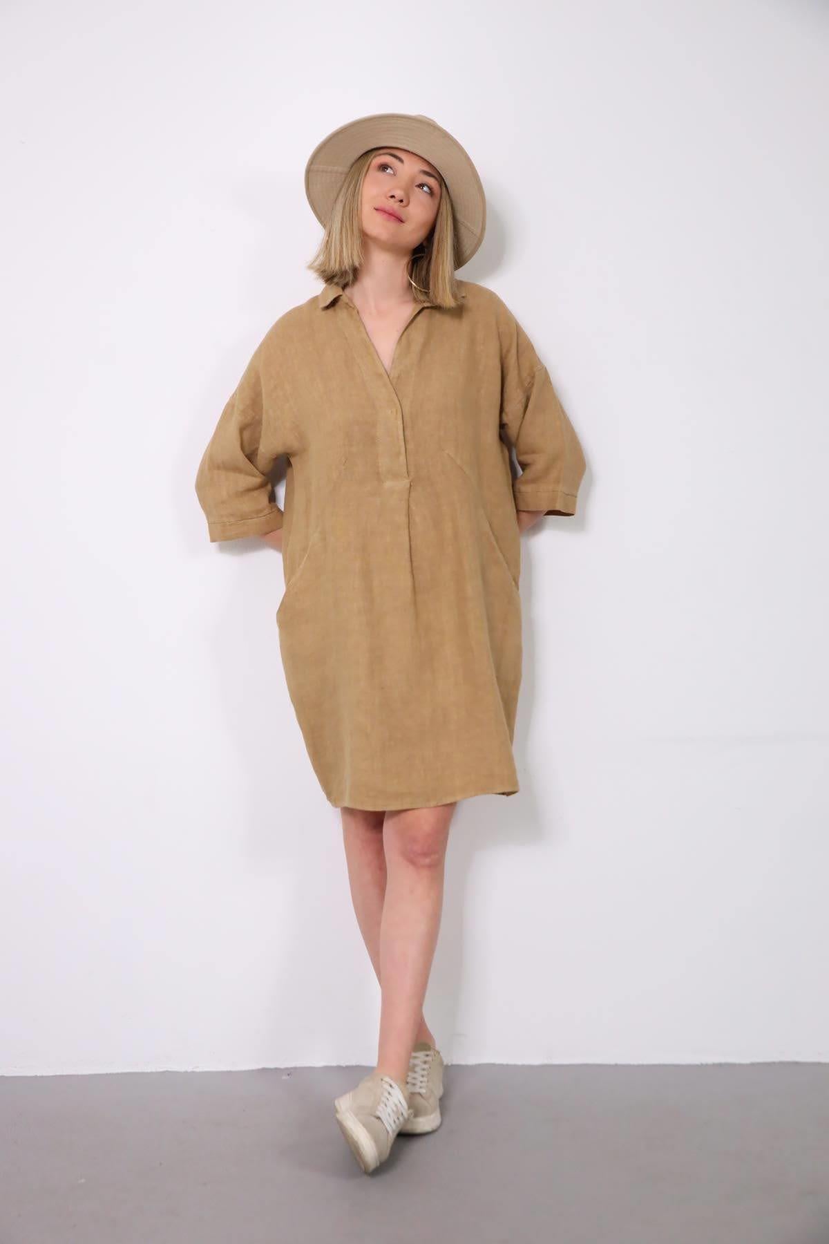 Camel Rengi Tek Düğmeli Önü Pileli Keten Elbise - Şaman Butik Camel Rengi Tek Düğmeli Önü Pileli Keten Elbise