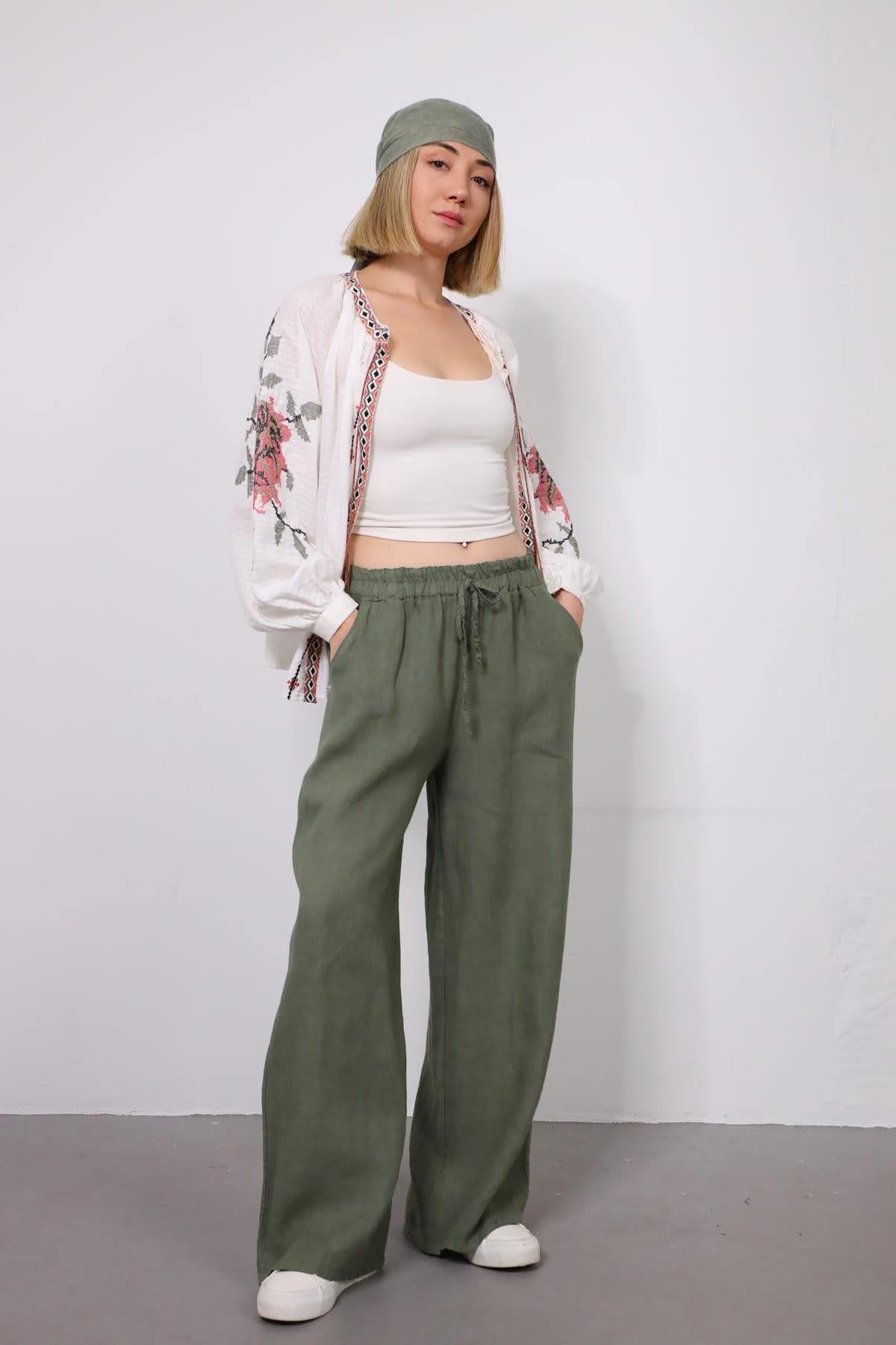 Haki Beli Lastikli Bağcık Detaylı Keten Pantolon - Şaman Butik Haki Beli Lastikli Bağcık Detaylı Keten Pantolon