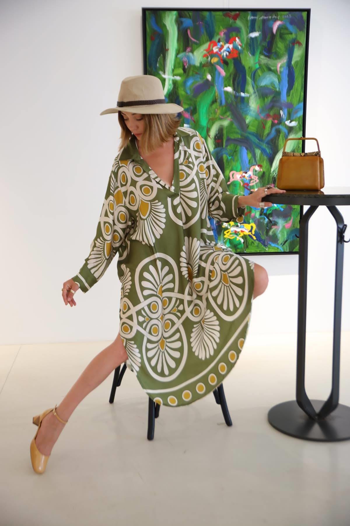 Haki Desenli Gömlek Yaka Saten Elbise - Şaman Butik Haki Desenli Gömlek Yaka Saten Elbise