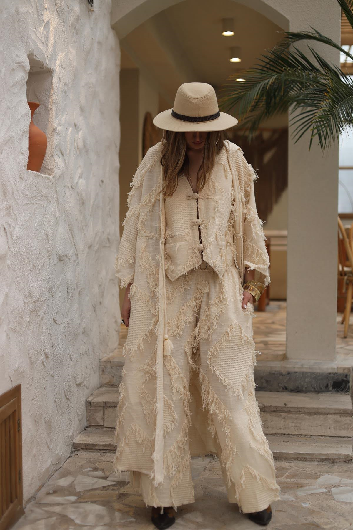 Cream Color Hooded Tassel Kimono