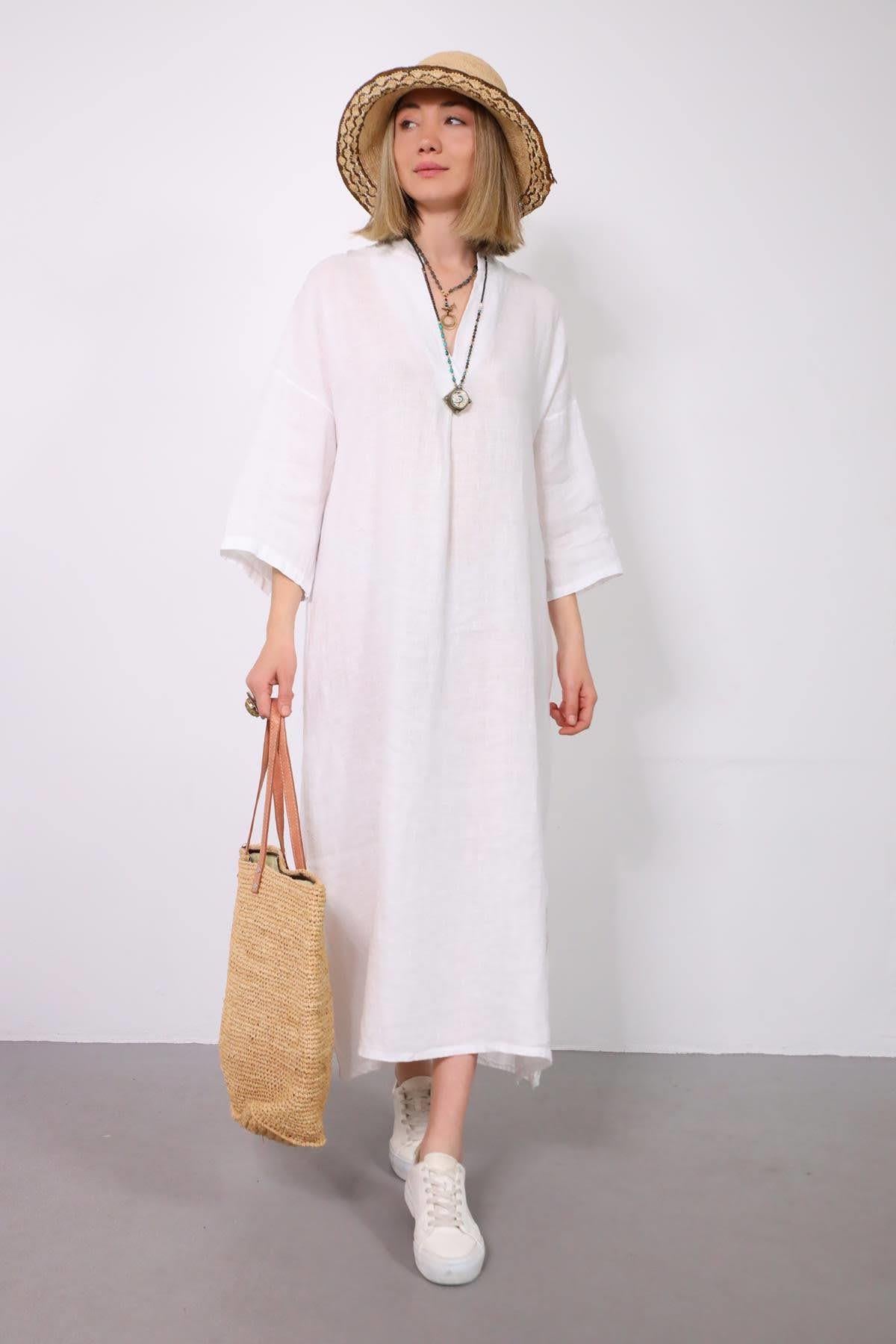 Beyaz Hakim Yaka Önü Pileli Uzun Keten Elbise - Şaman Butik Beyaz Hakim Yaka Önü Pileli Uzun Keten Elbise