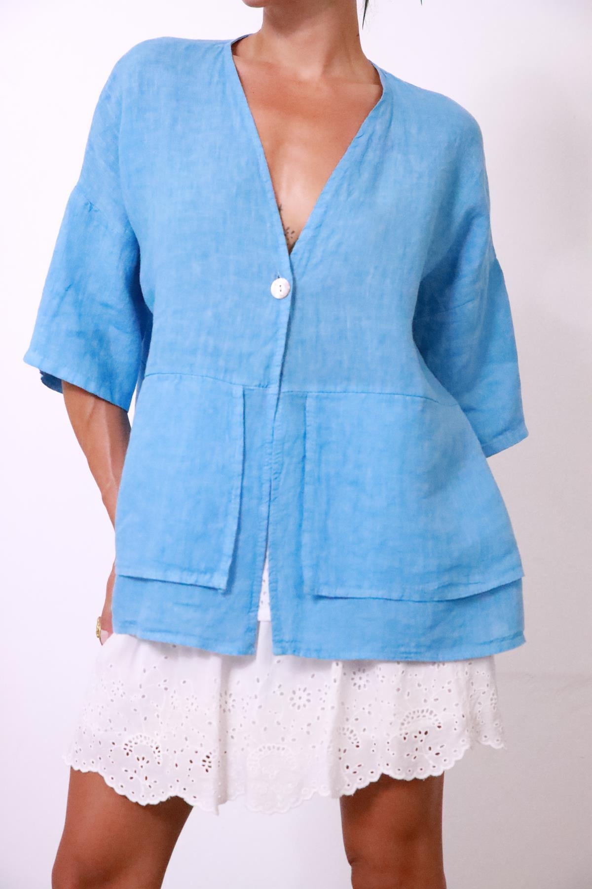  Mavi Önü Parça Detaylı Tek Düğmeli Keten Ceket