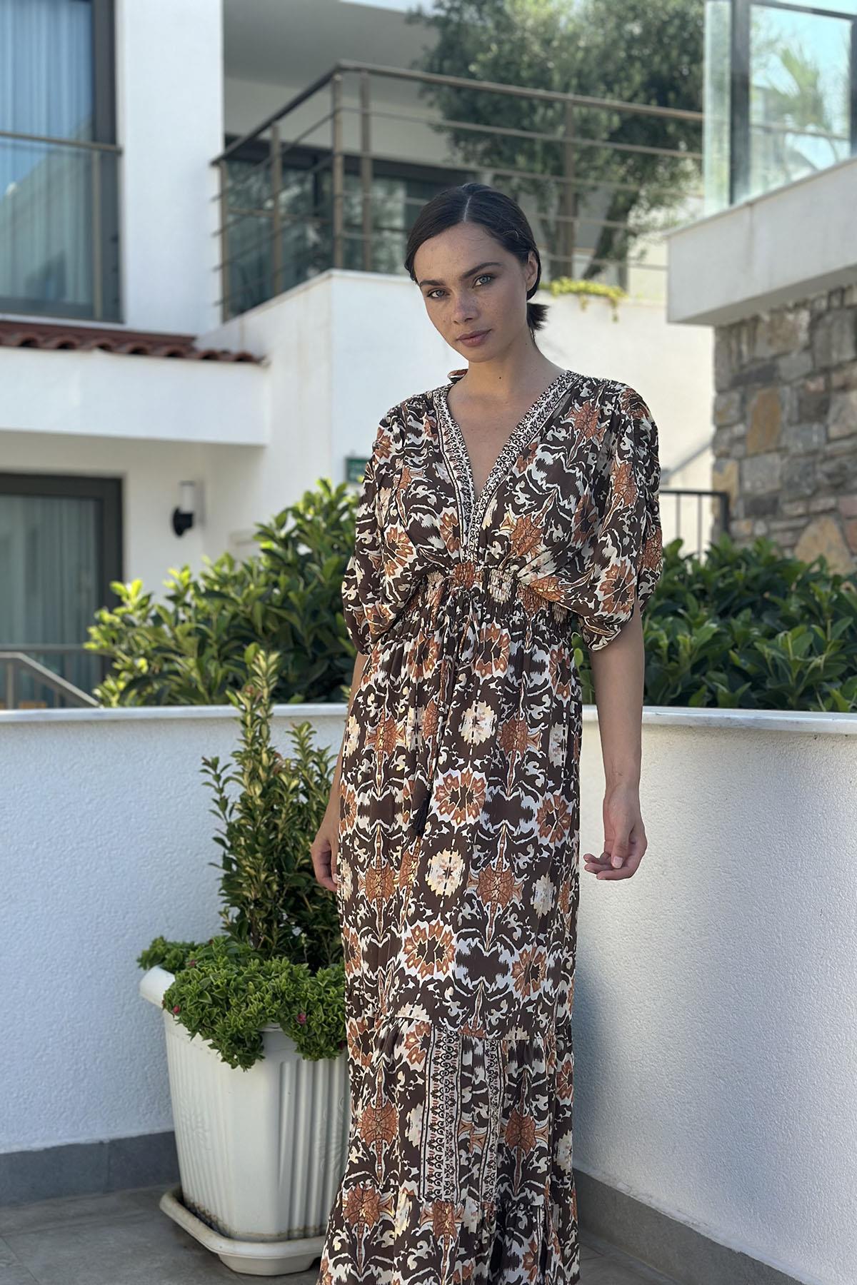 Brown Shoulder Detailed Authentic Silk Dress