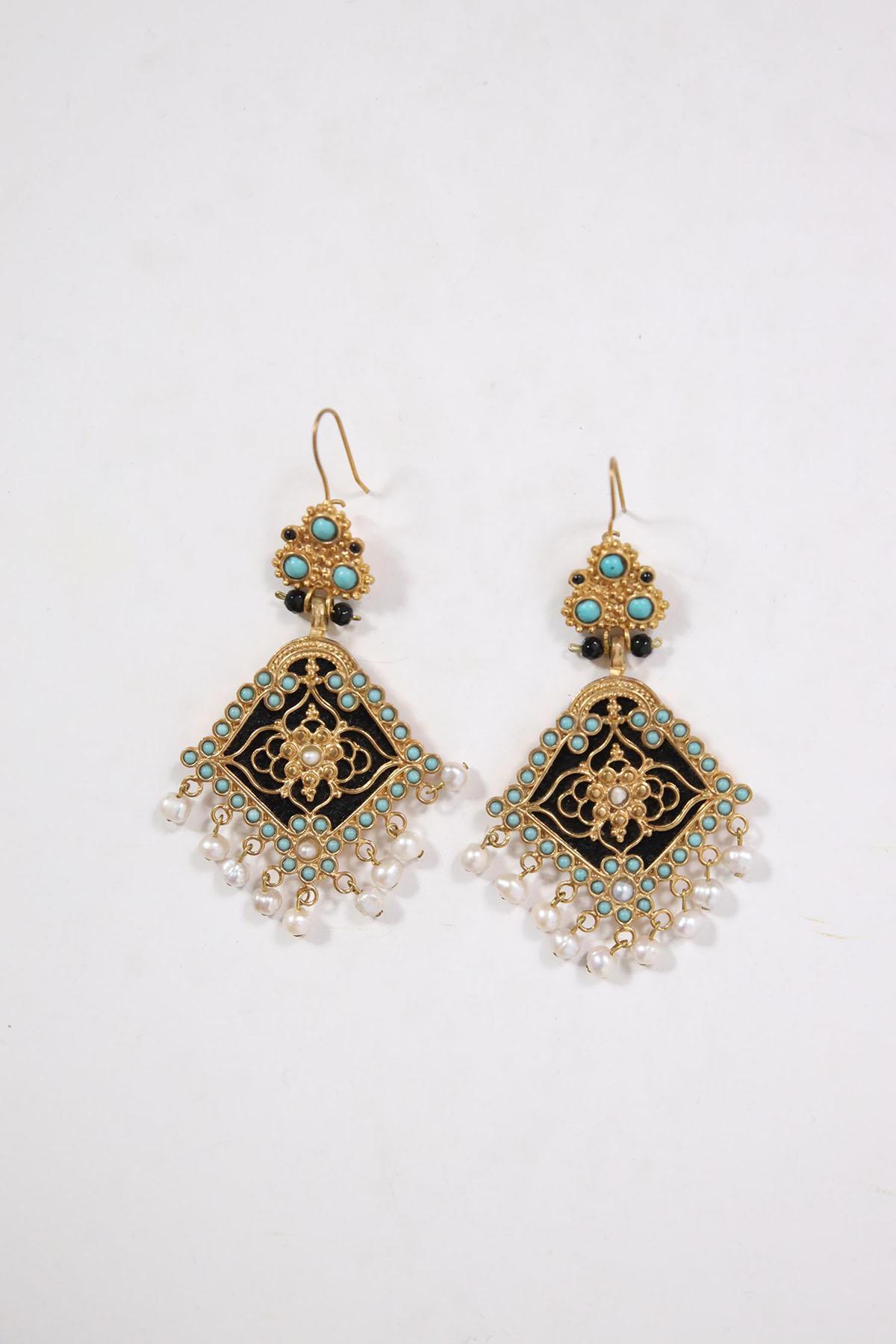  El Yapımı Bronz İnci ve Turkuaz Detaylı Küpe