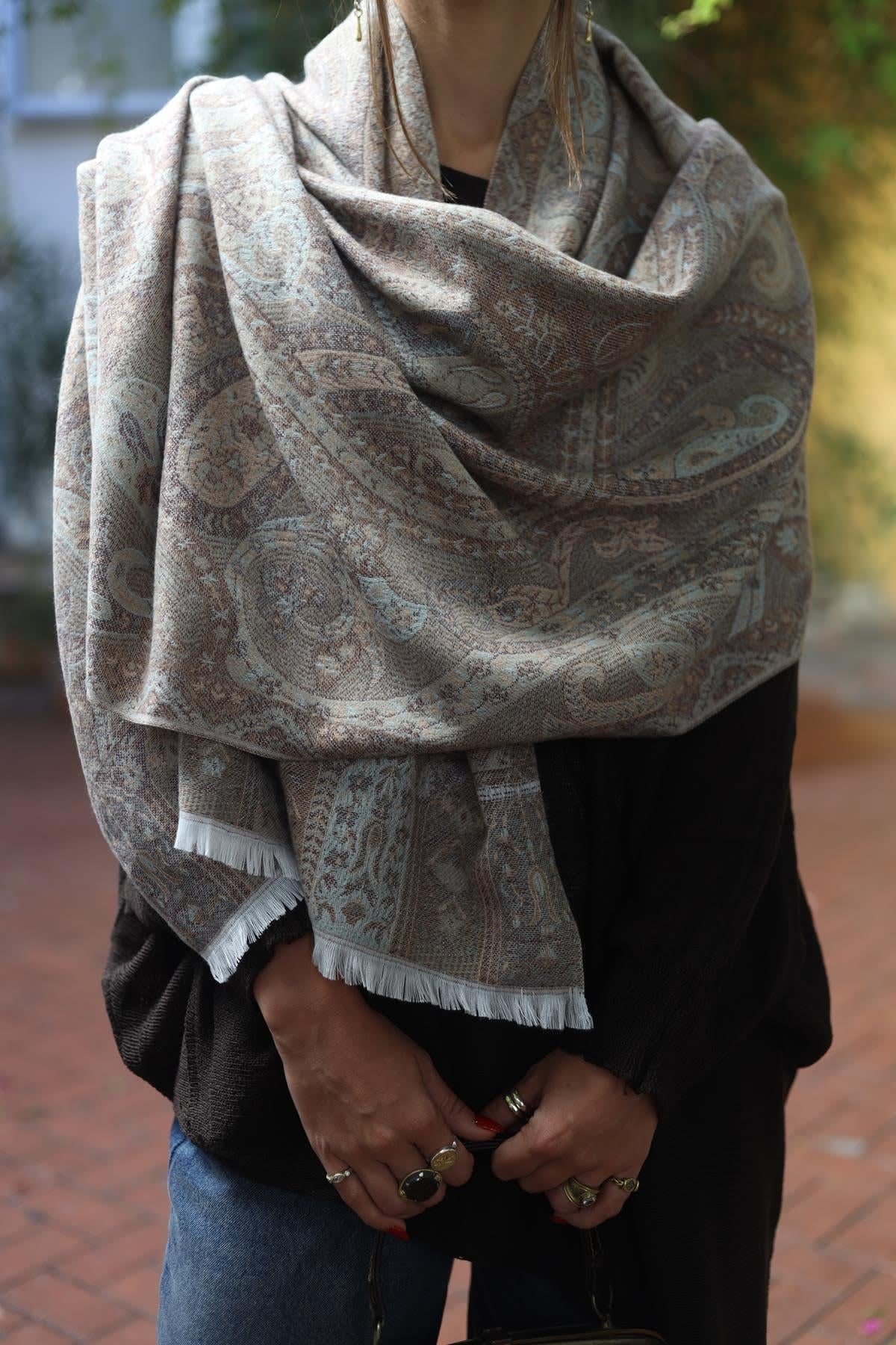 Su Yeşili Otantik Desenli Kaşmir Şal