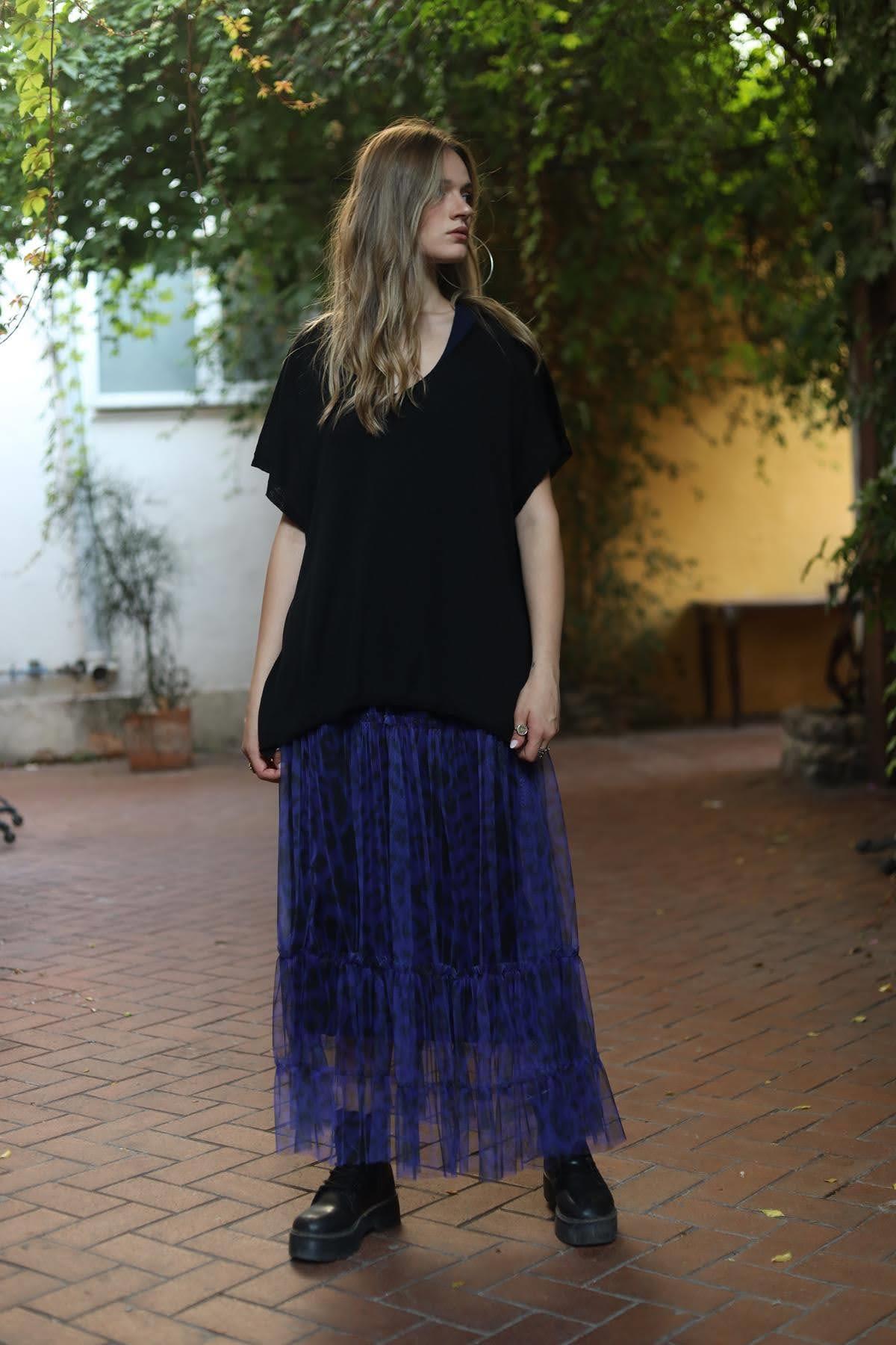 Sax Blue Patterned Layered Tulle Skirt