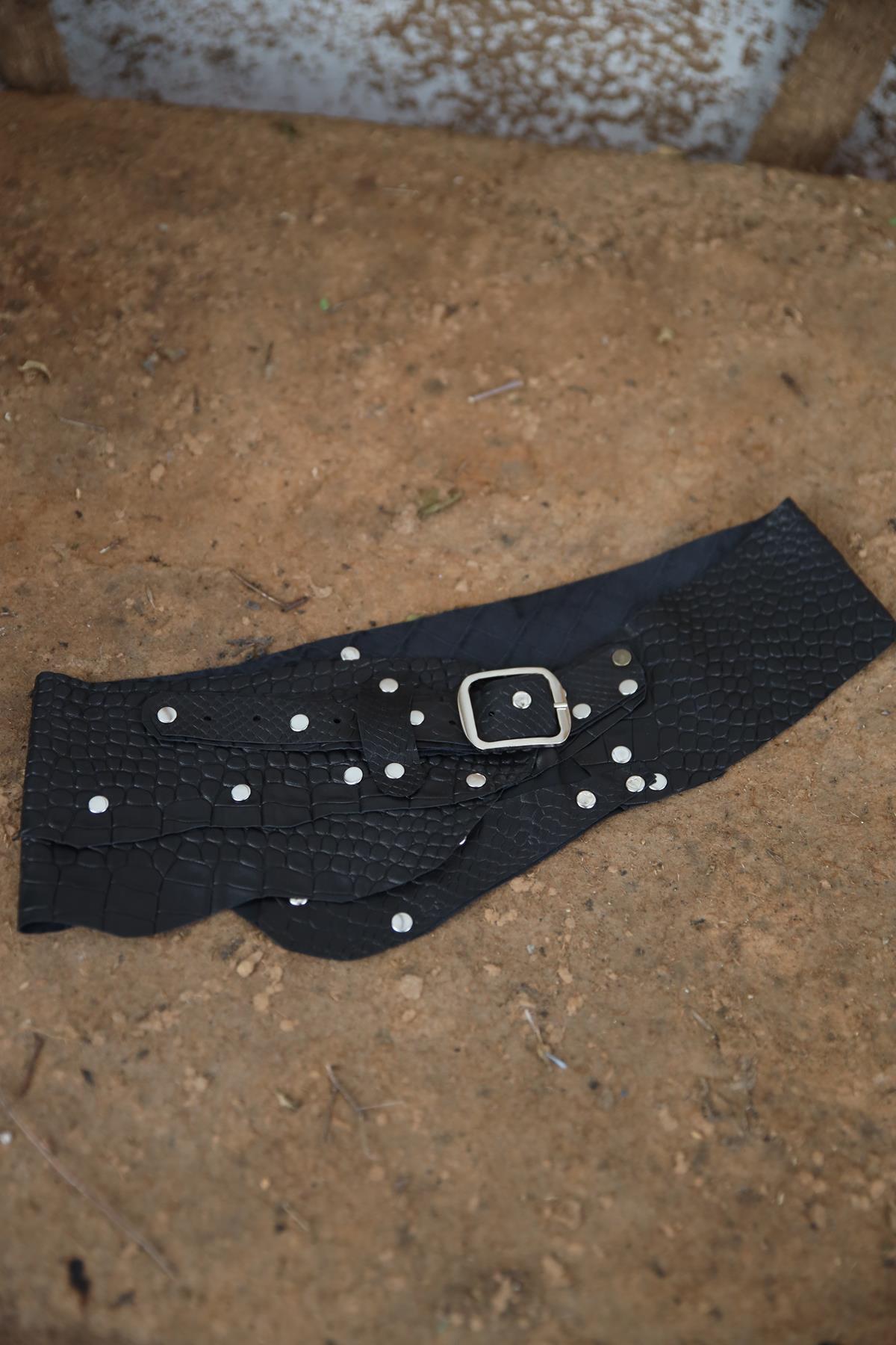 Black Stud Detail Patched Leather Belt