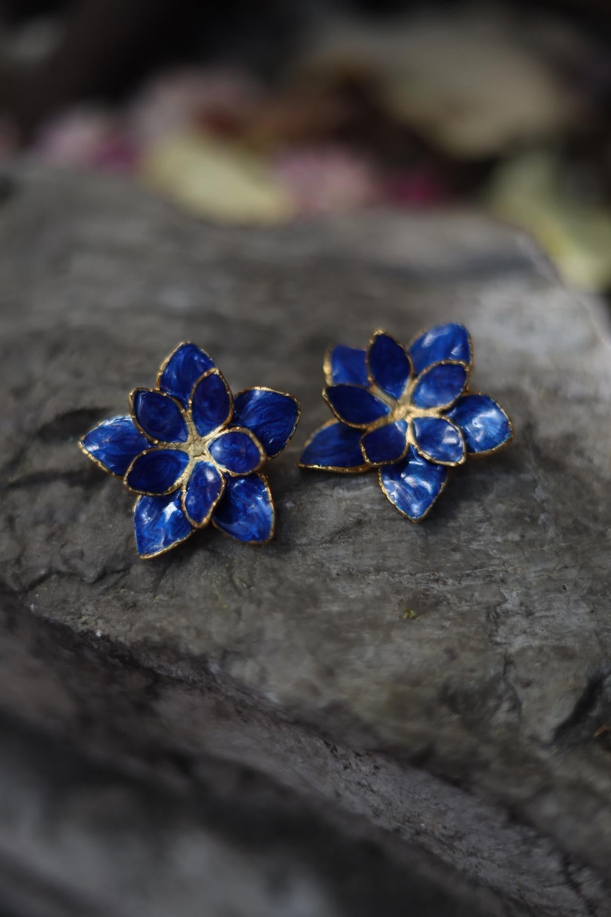 Blue Enameled Flower Earrings