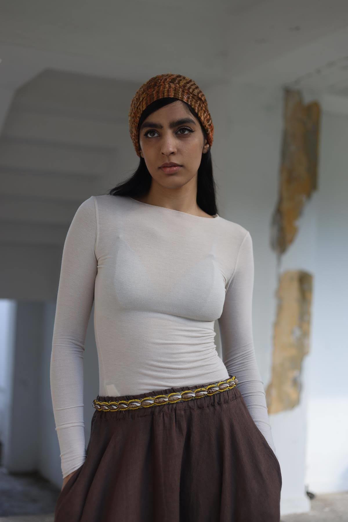 Krem Rengi Kaşmir Karışımlı Modal Bluz