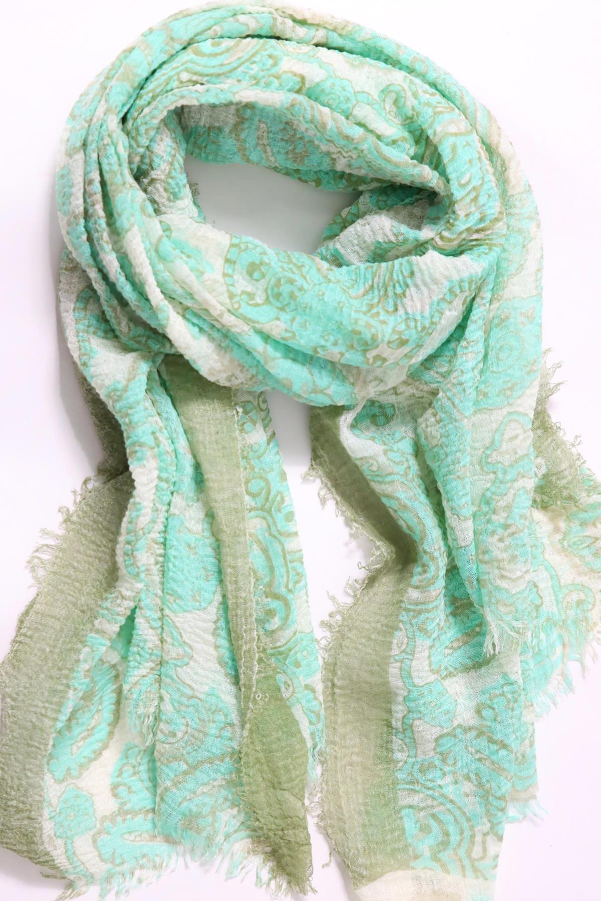 Mint Yeşili Desenli Saçaklı Şal - Şaman Butik Mint Yeşili Desenli Saçaklı Şal