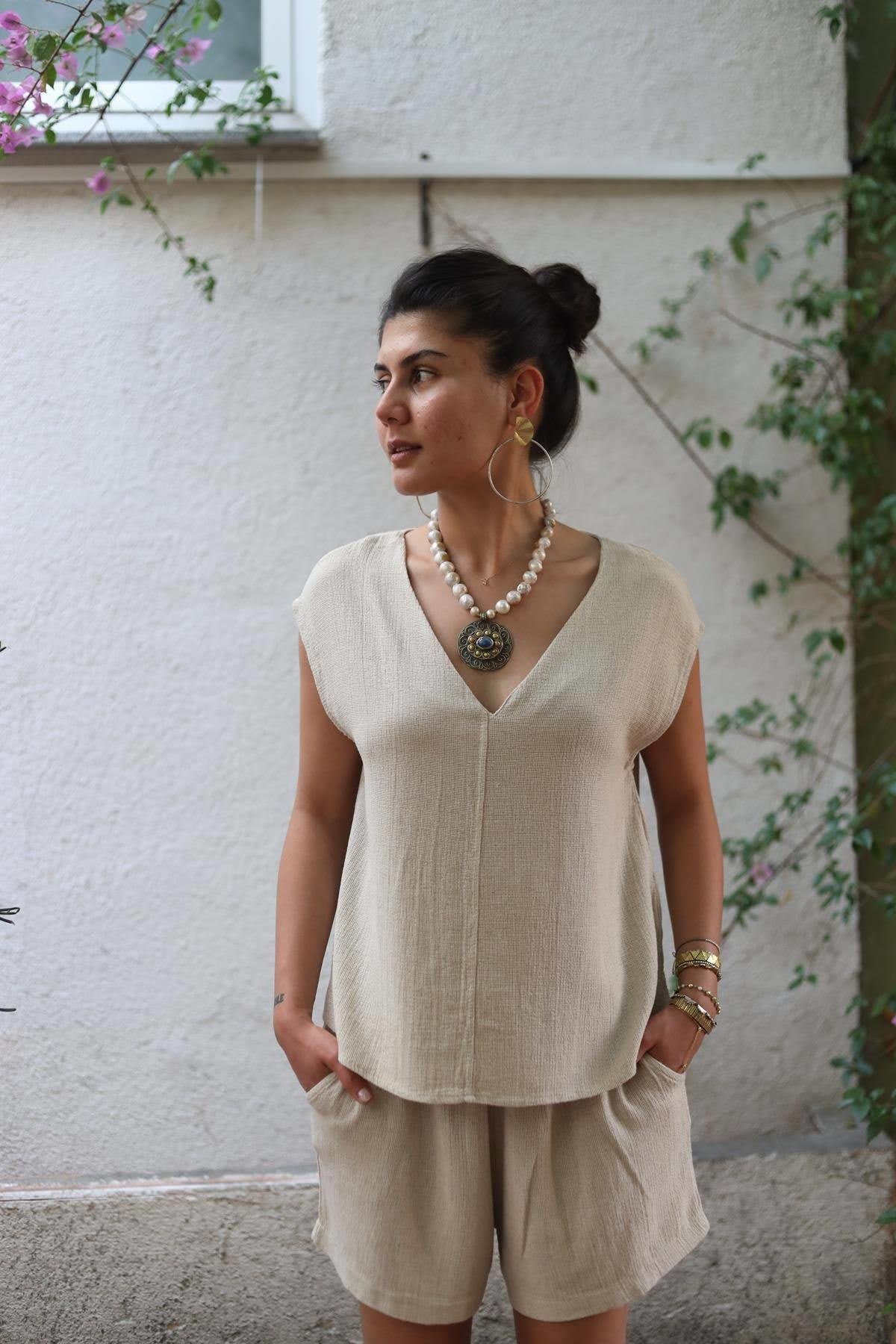 Stone Color V Neck Sleeveless Blouse and Shorts Set