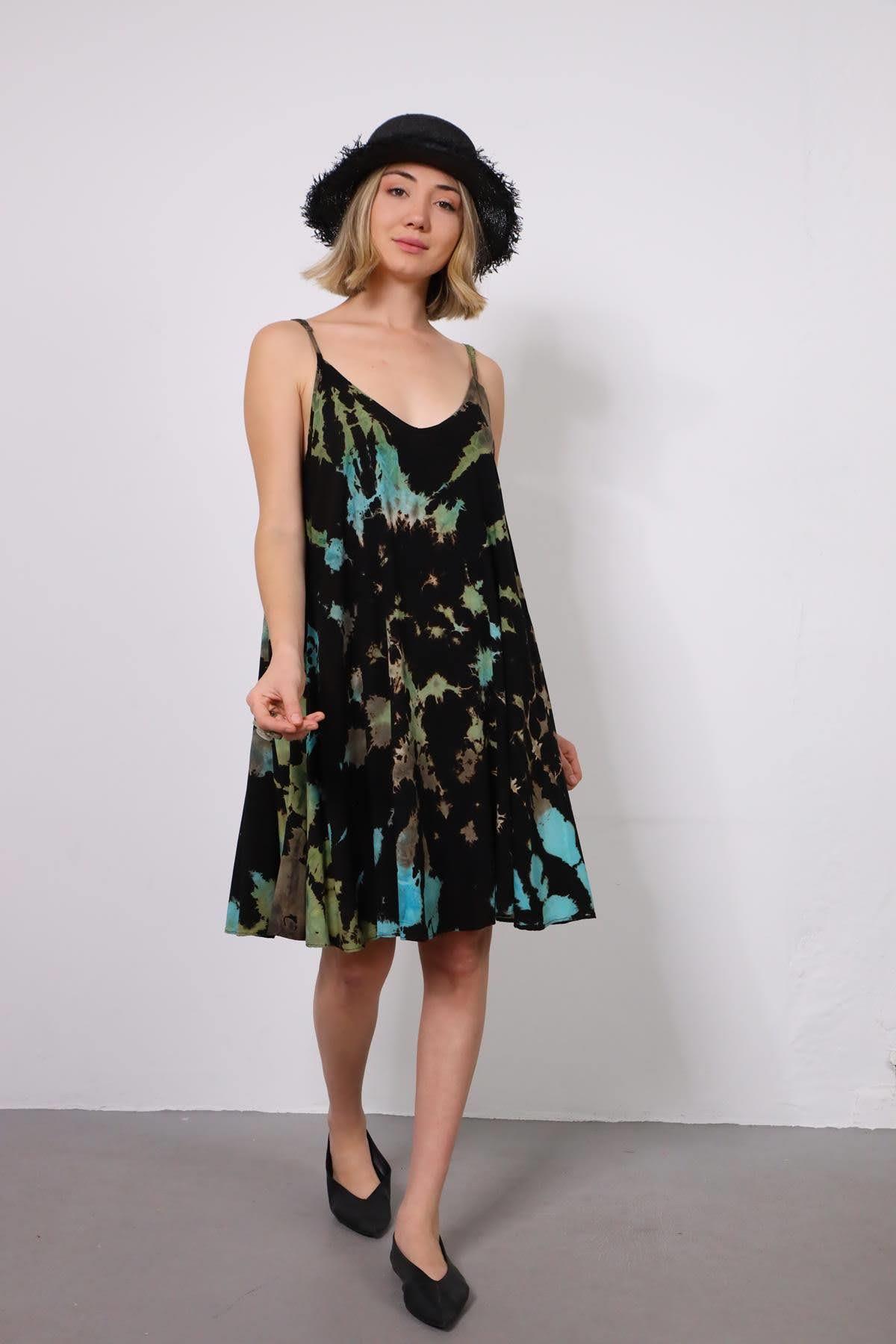 Black Batic Detailed Strappy Short Dress Black Batic Detailed Strappy Short Dress