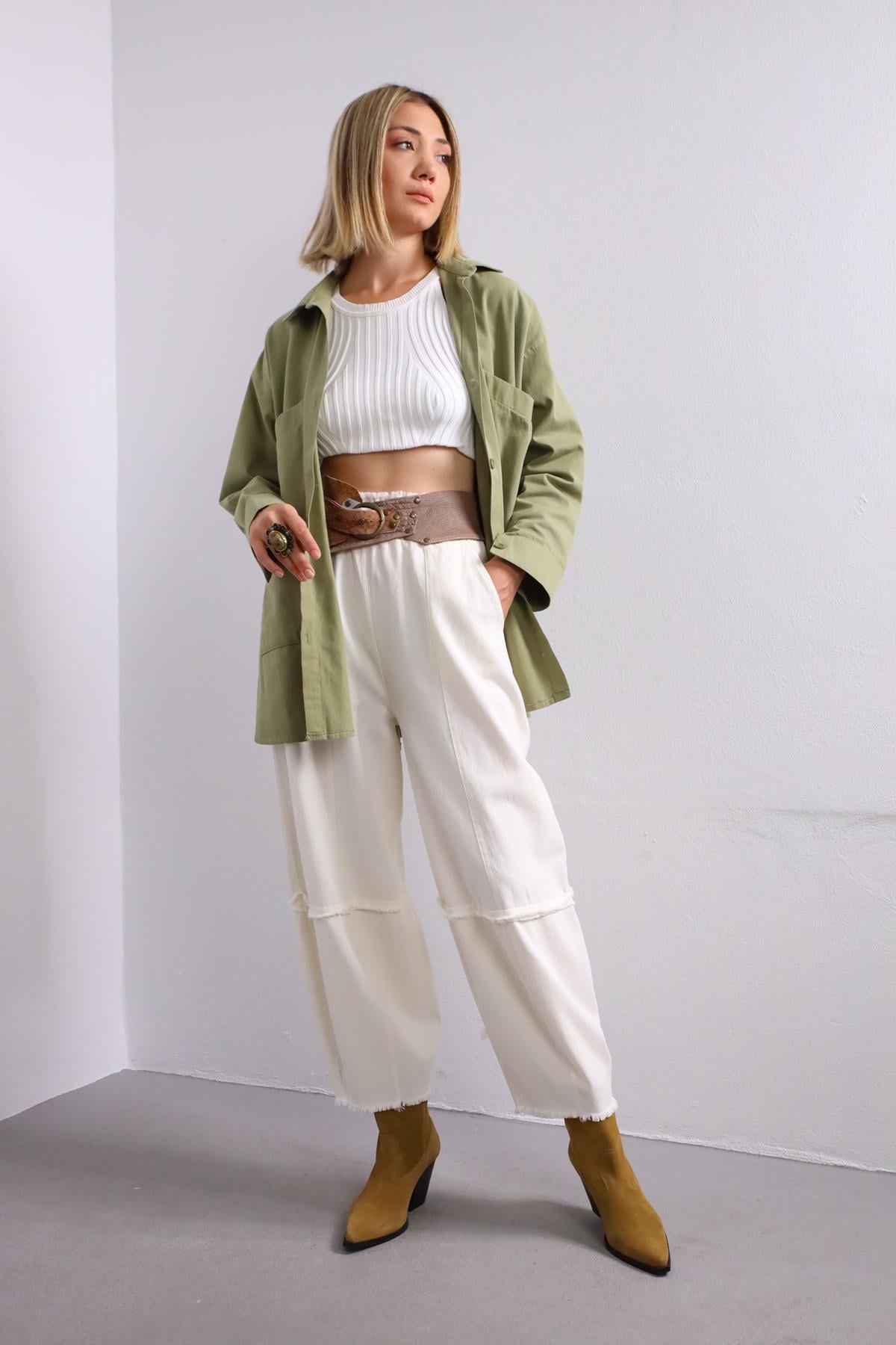 Ekru Yağ Yıkama Dikiş Detaylı Pantolon - Şaman Butik Ekru Yağ Yıkama Dikiş Detaylı Pantolon