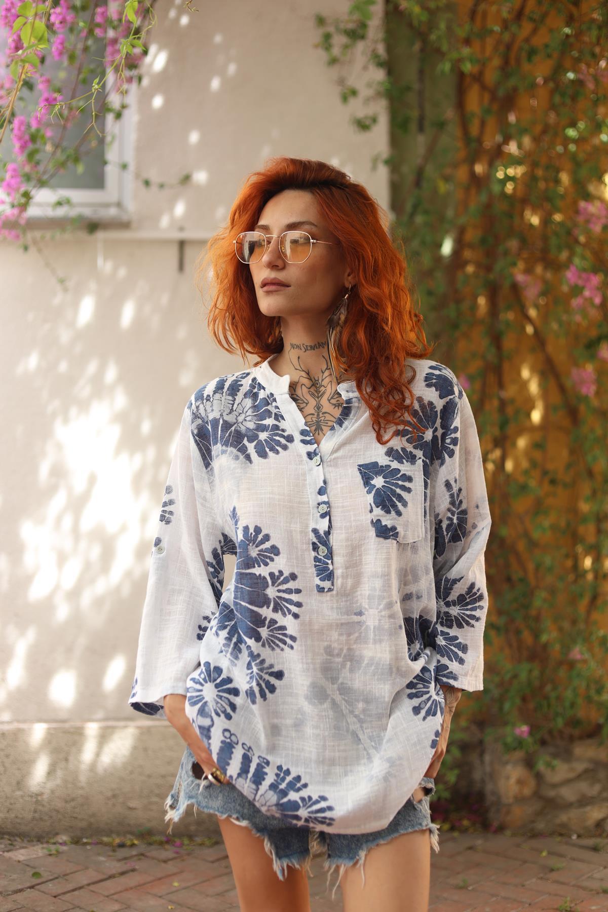 White Tie Dye Patterned Three Button Shirt