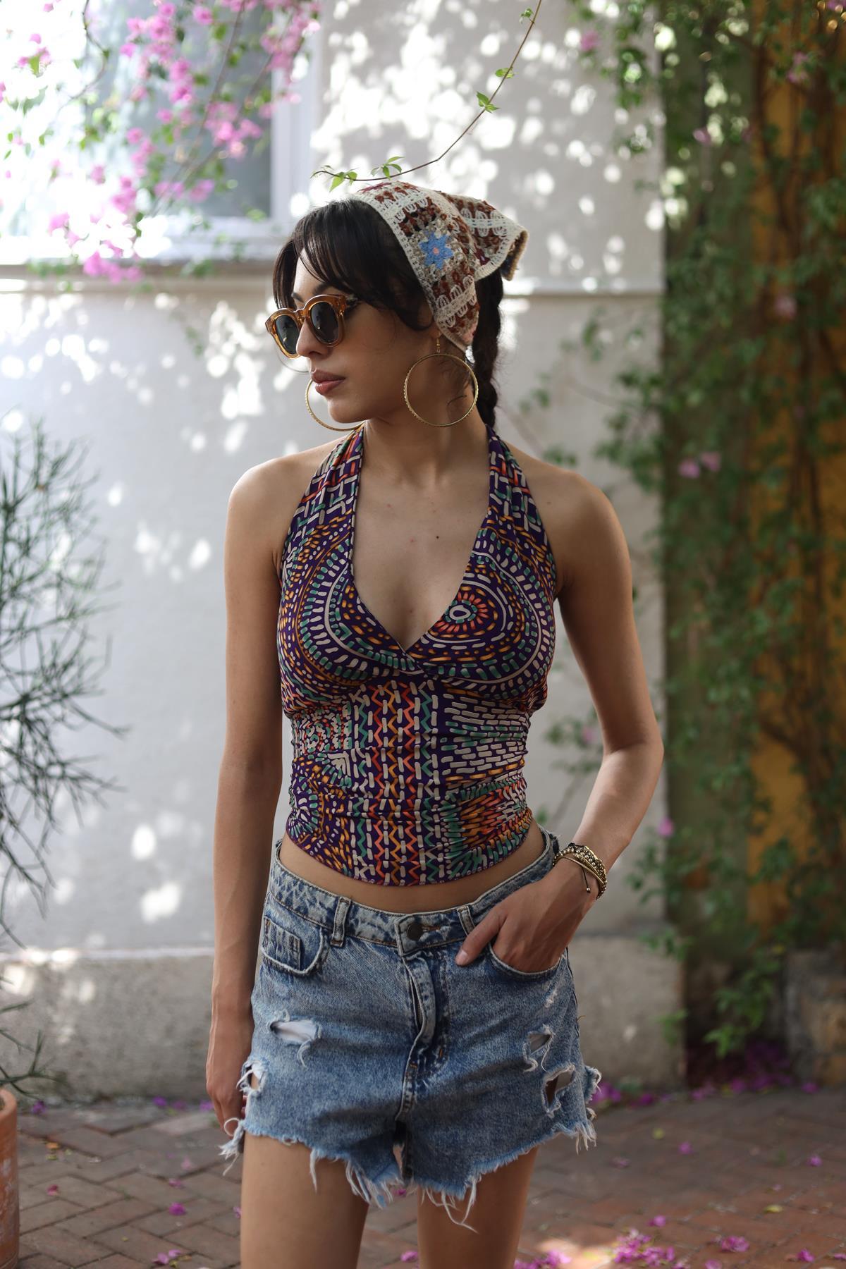 Mor Desenli Bulmaca Bluz