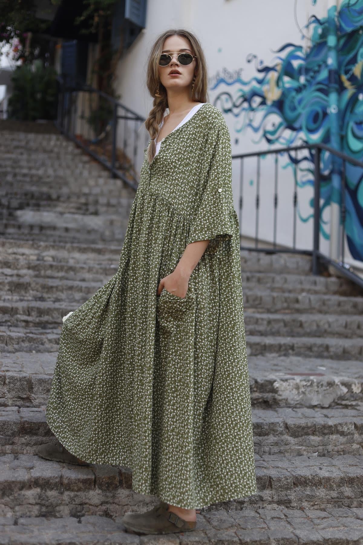 Haki Çiçekli Önü Düğmeli Elbise