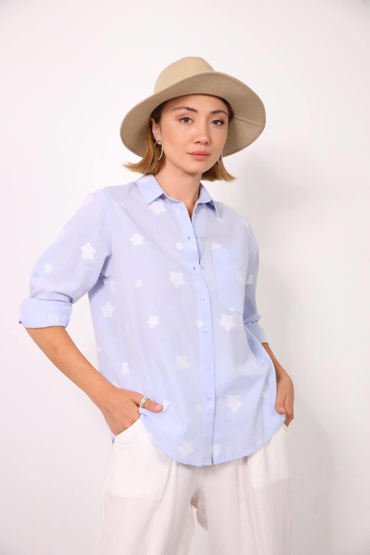 Blue Star Patterned Long Back Shirt Blue Star Patterned Long Back Shirt