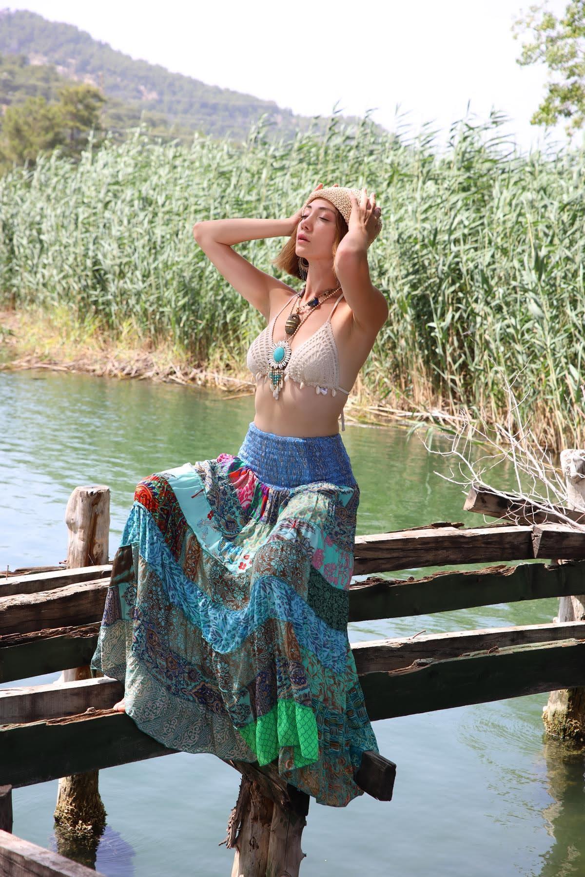 Renkli Beli Lastikli Otantik Desenli Patchwork Etek - Şaman Butik Renkli Beli Lastikli Otantik Desenli Patchwork Etek