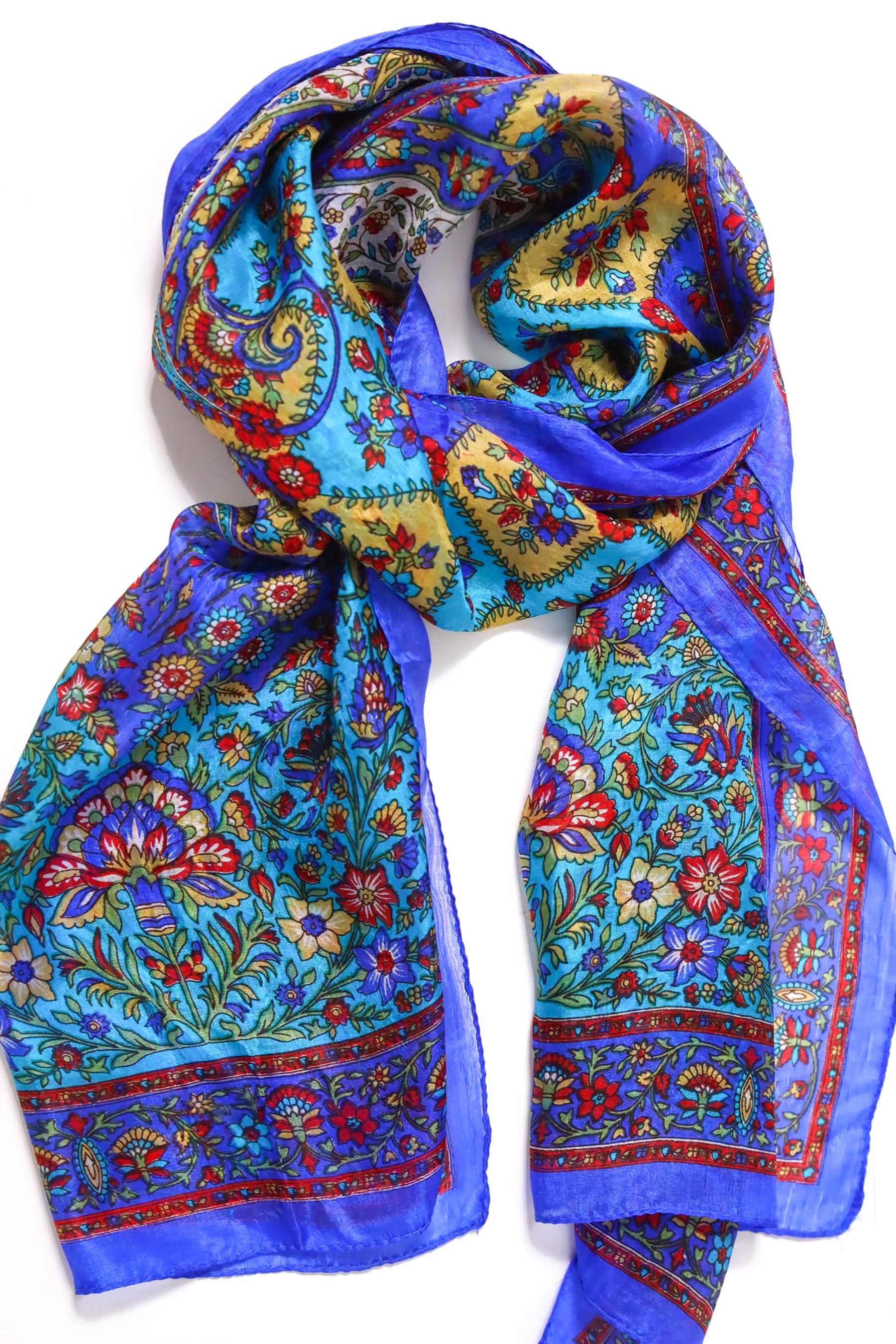 Saks Mavisi Desenli İpek Şal - Şaman Butik Saks Mavisi Desenli İpek Şal