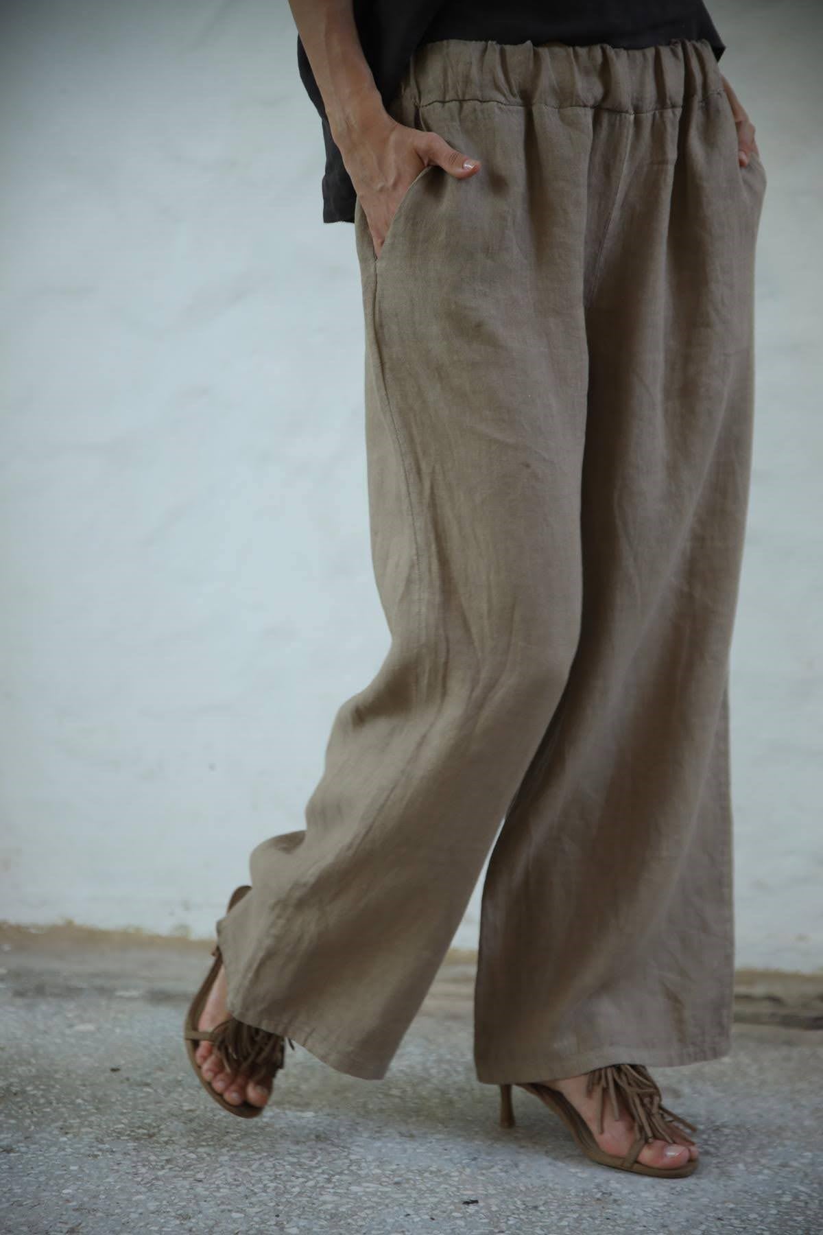 Camel Rengi Beli Lastikli Geniş Paça Keten Pantolon