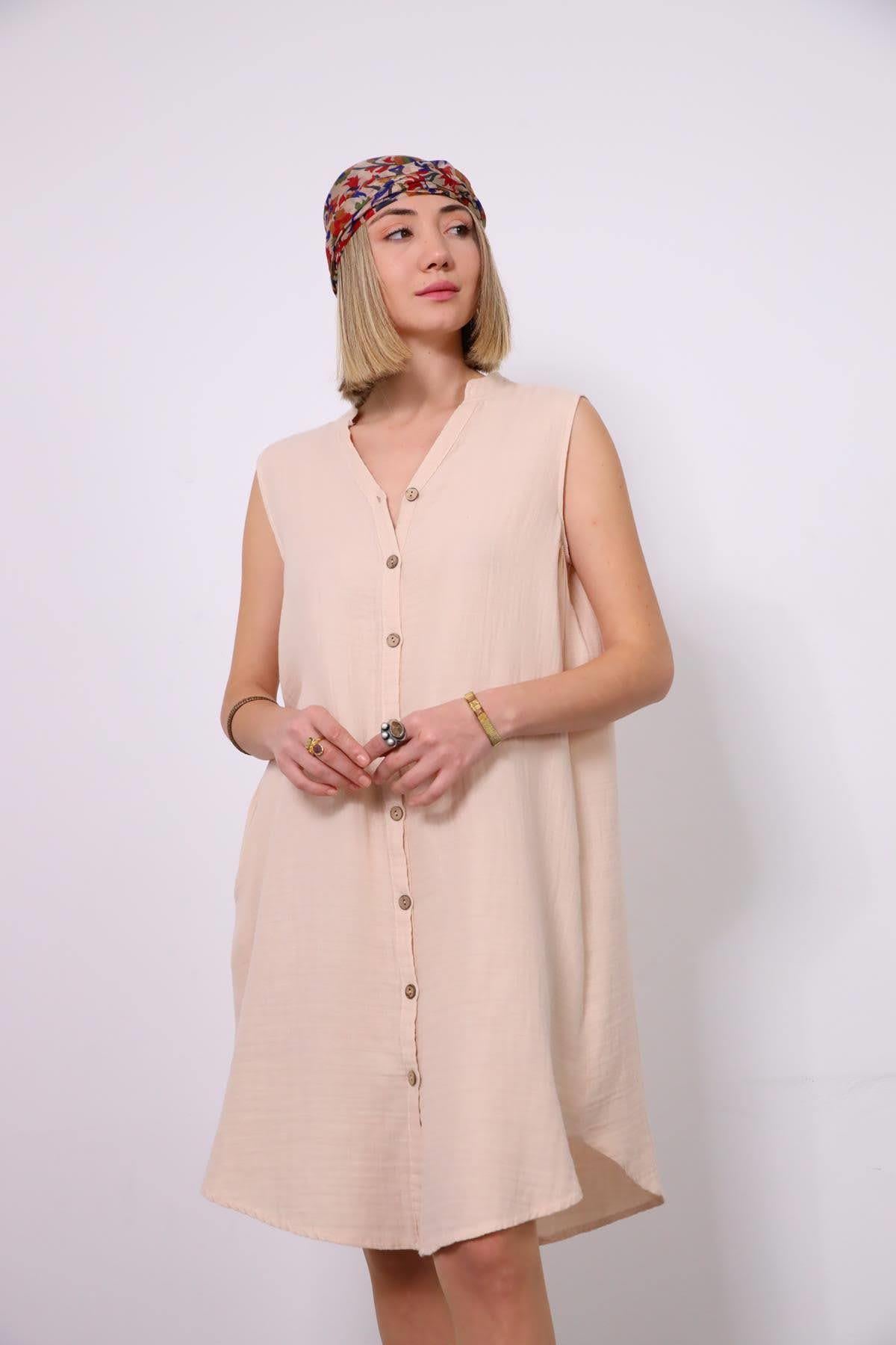 Krem Rengi Hakim Yaka Kolsuz Gömlek Elbise - Şaman Butik Krem Rengi Hakim Yaka Kolsuz Gömlek Elbise