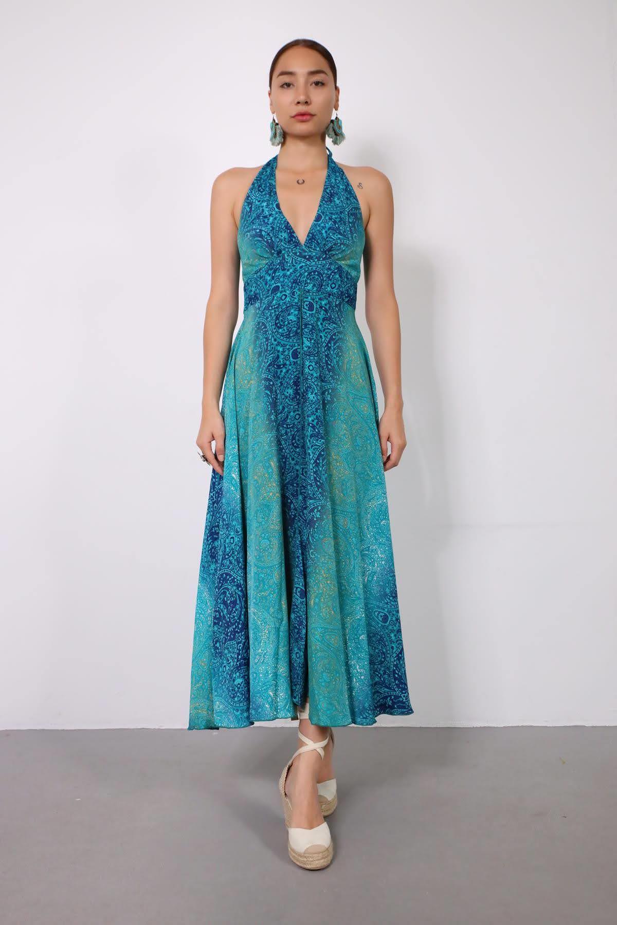 Turkuaz Derin V Yaka Gipeli Boyundan Bağlamalı İpek Elbise - Şaman Butik Turkuaz Derin V Yaka Gipeli Boyundan Bağlamalı İpek Elbise