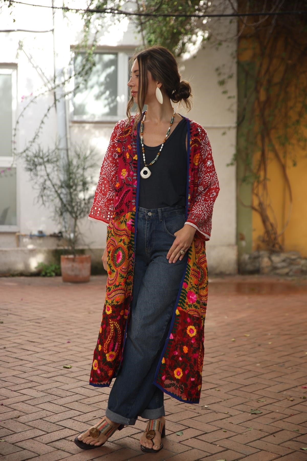 Bordo İşlemeli Bohem Kaftan