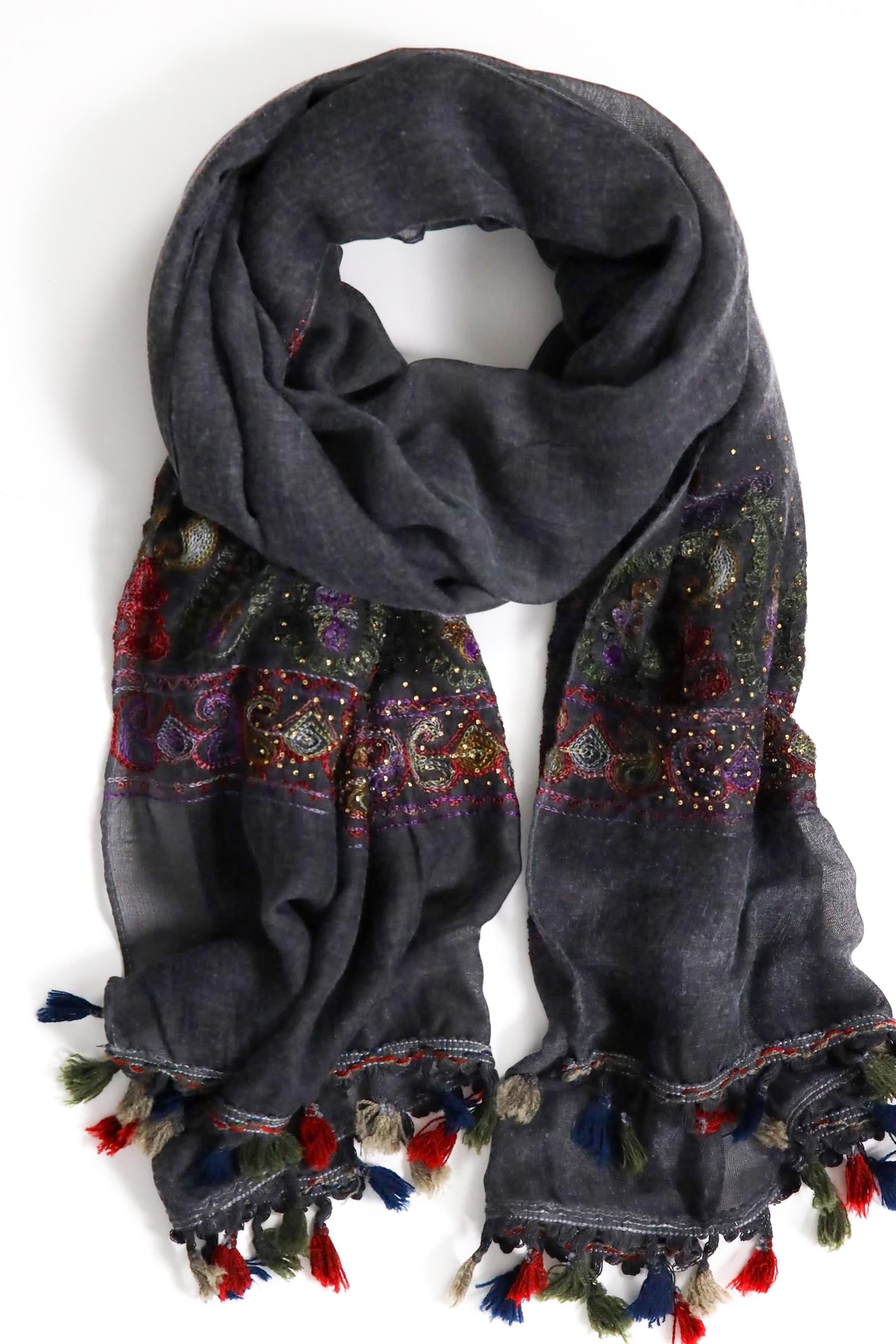 Antrasit İşlemeli Boncuklu Şal - Şaman Butik Antrasit İşlemeli Boncuklu Şal