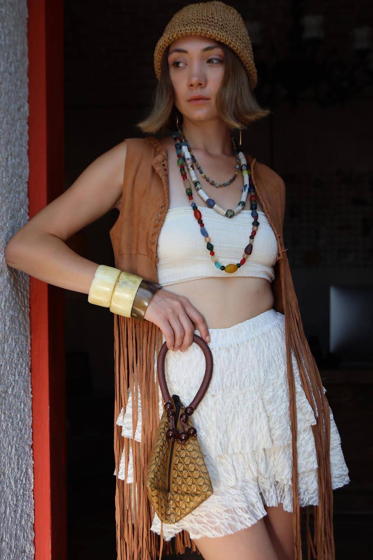  Camel Rengi Otantik Tasarım El Çantası