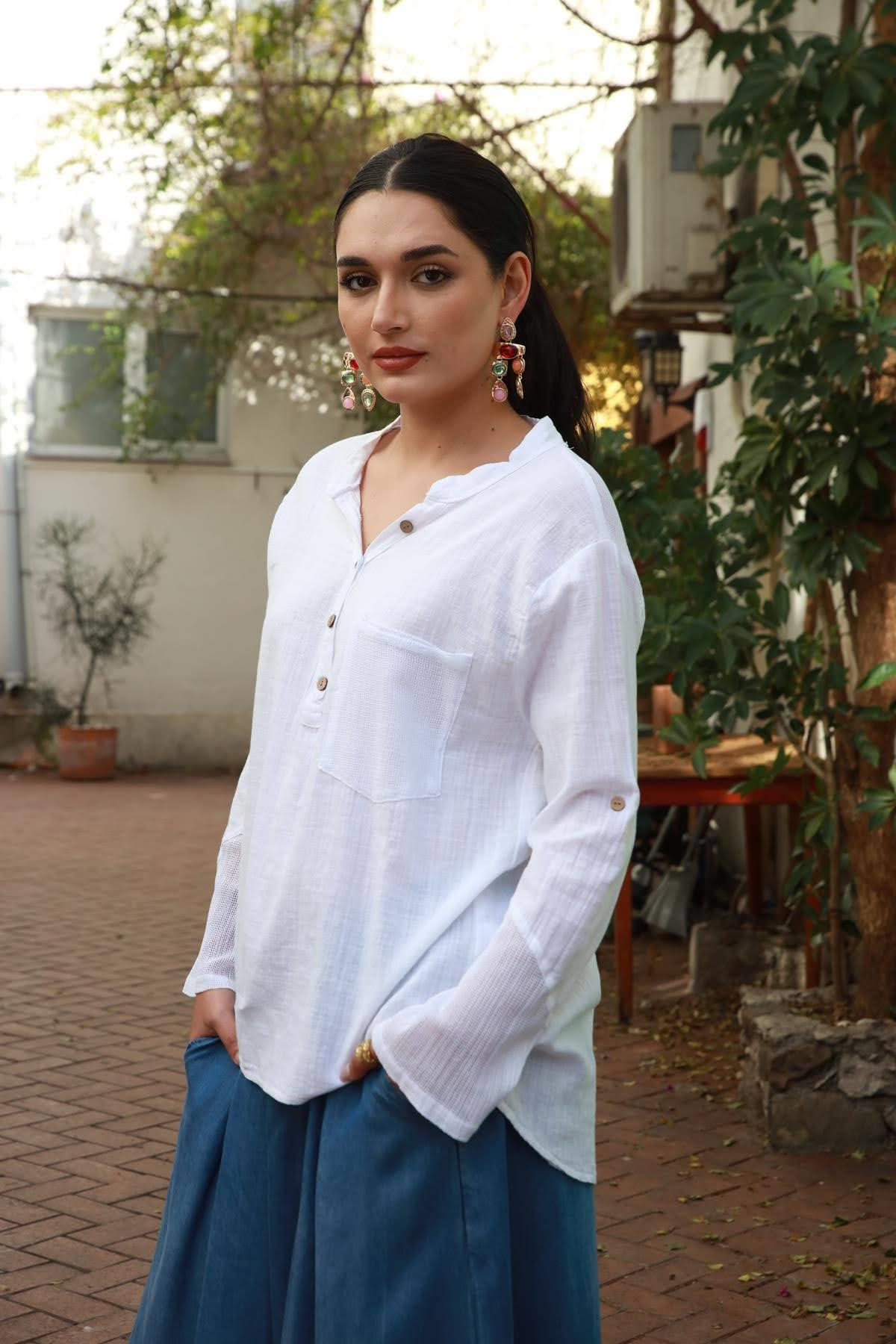 White Mandarin Collar Mesh Detailed Shirt