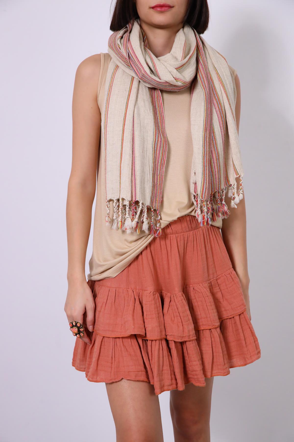 Bej Çizgili Keten Alaturka Şal - Şaman Butik Bej Çizgili Keten Alaturka Şal