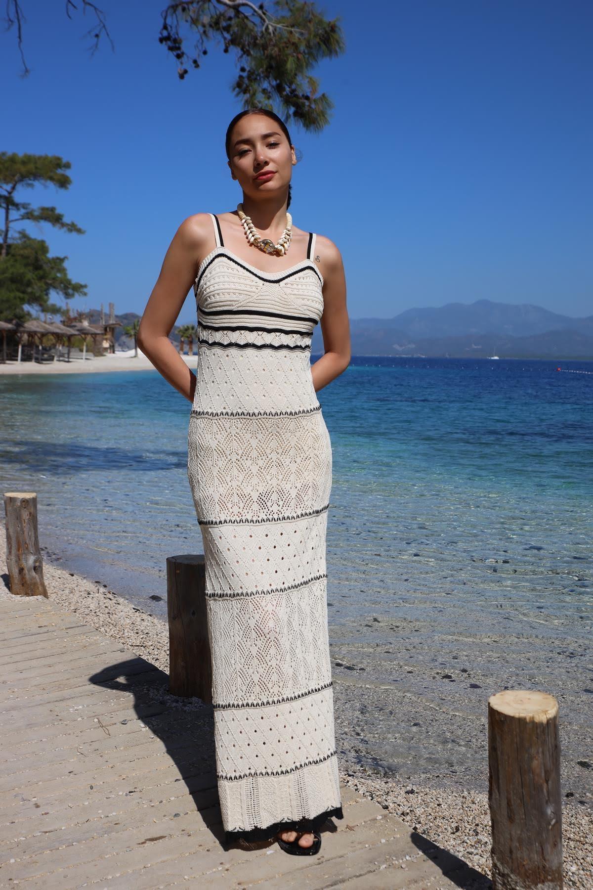 Ekru Ajurlu Uzun Askılı Triko Elbise - Şaman Butik Ekru Ajurlu Uzun Askılı Triko Elbise