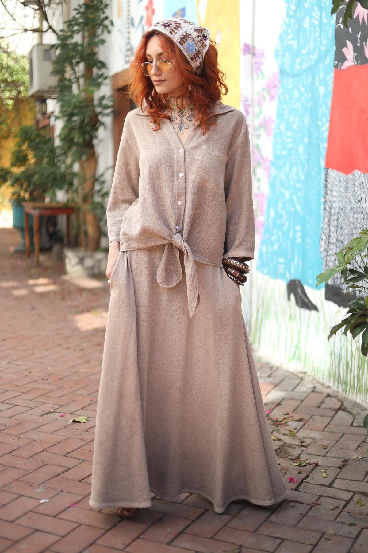  Mink Color Pocket Detailed Linen Shirt 