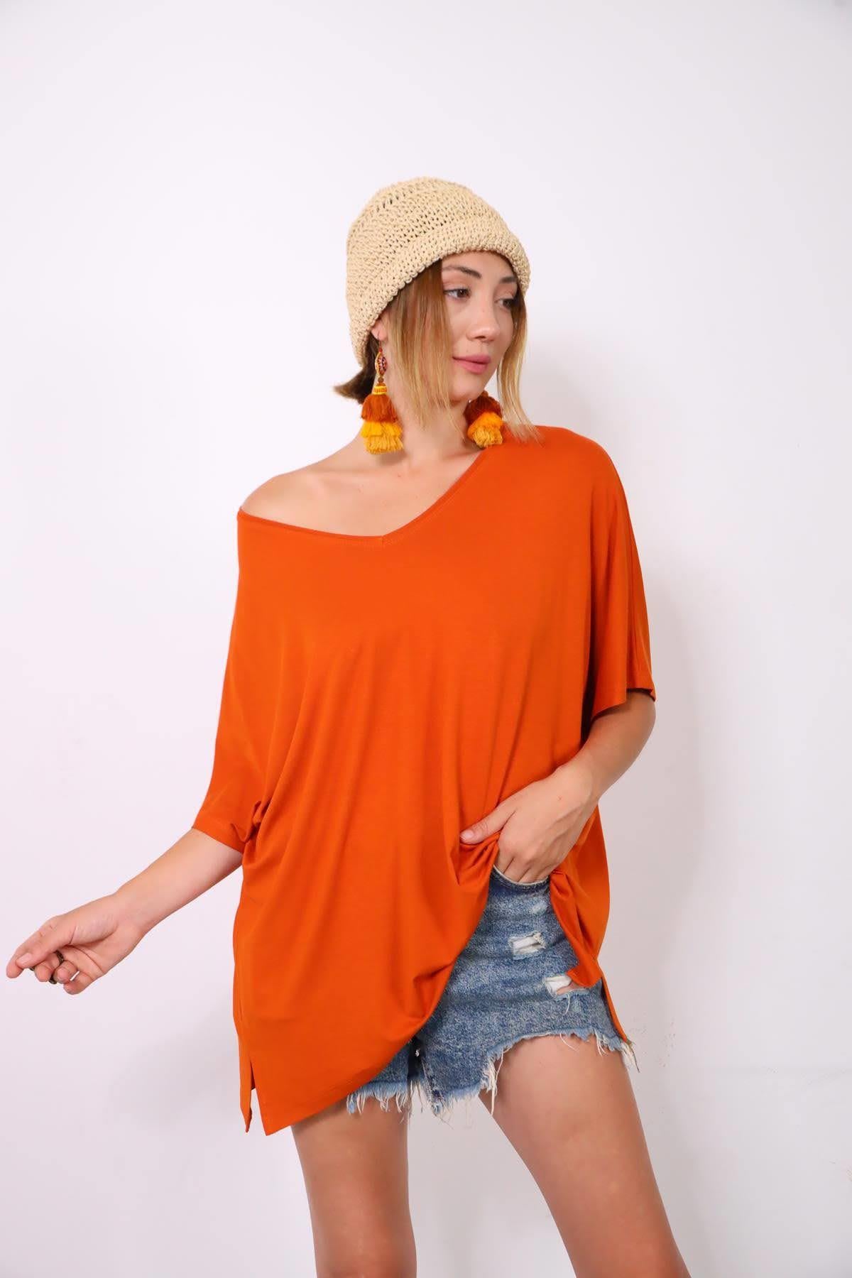 Tarçın Rengi V Yaka Yarasa Kol Bluz - Şaman Butik - Bohem Giyim ve Aksesuar | Kadın & Erkek Tarçın Rengi V Yaka Yarasa Kol Bluz