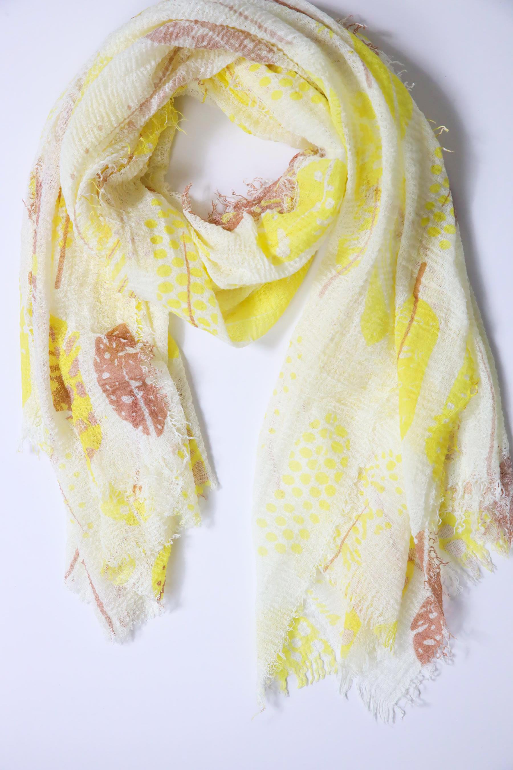 Sarı Yaprak Desenli Saçaklı Şal - Şaman Butik Sarı Yaprak Desenli Saçaklı Şal