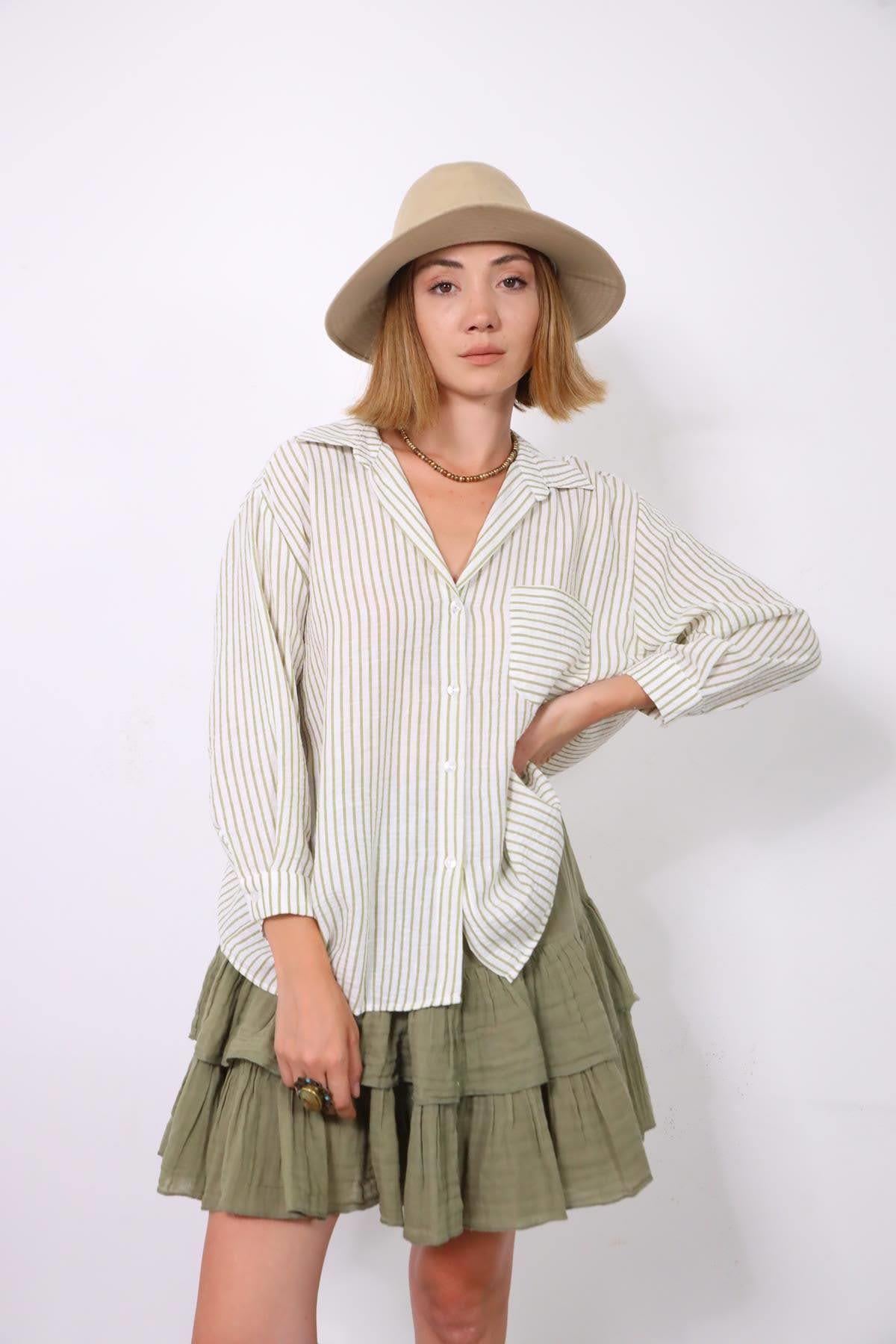  Fıstık Yeşili Çizgili Oversize Gömlek