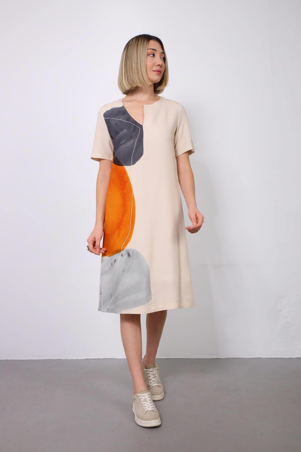 Krem Rengi Asimetrik Yaka Desenli Elbise - Şaman Butik - Bohem Giyim ve Aksesuar | Kadın & Erkek Krem Rengi Asimetrik Yaka Desenli Elbise