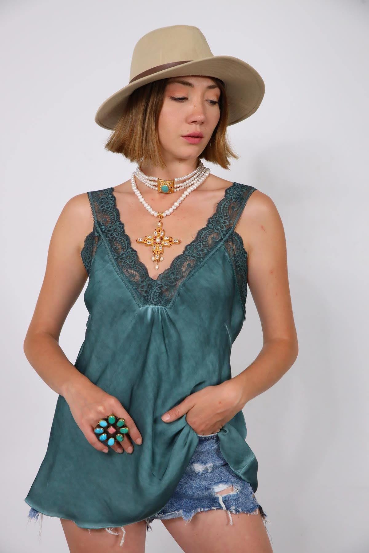 Navy Blue Floral Stitched Waist Shirt Dress - Şaman Butik Emerald Green Lace Embroidered Silk Tank Top