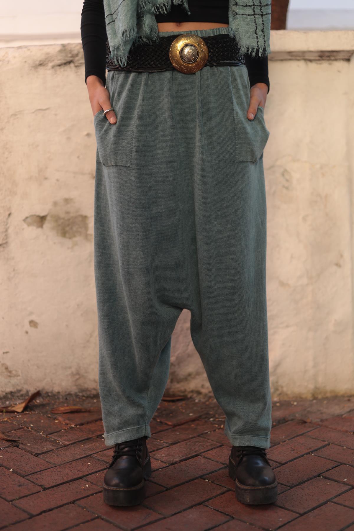 Petrol Mavisi Yıkamalı Triko Şalvar