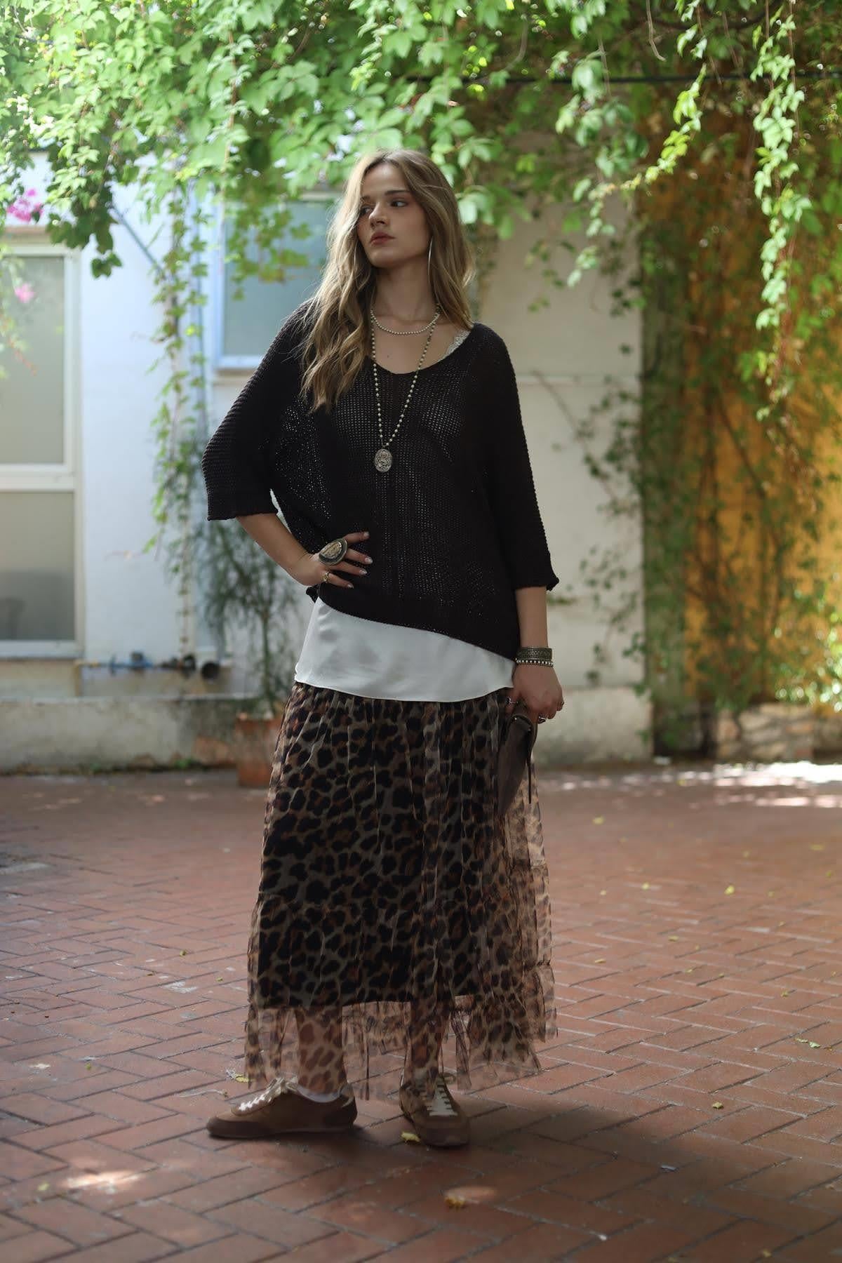 Leopard Patterned Layered Tulle Skirt